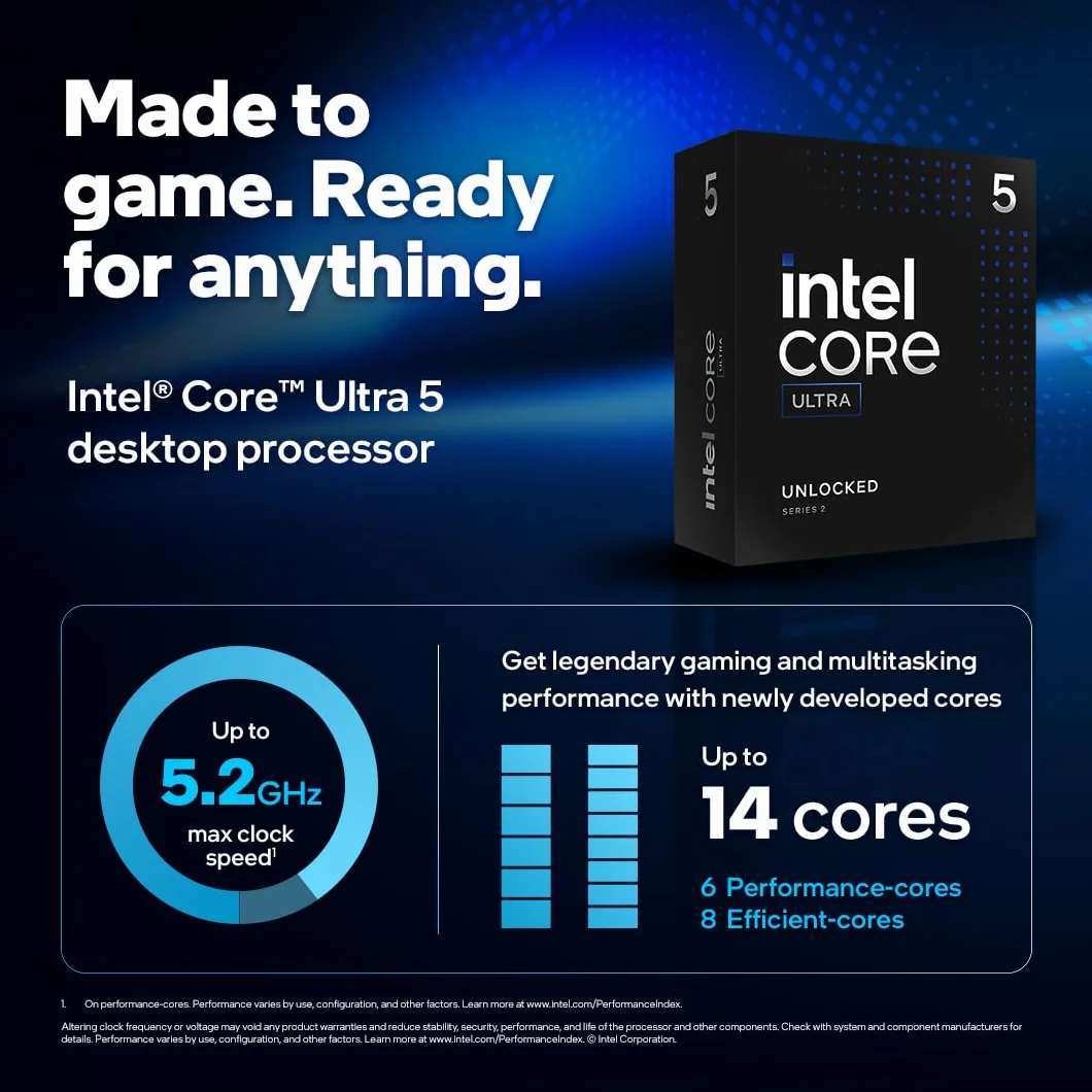 Intel® Core™ Ultra 5 per sistemi processore desktop 245K 14 core 6 P-core + 8 E-core fino a 5,2 GHz, 5 245K