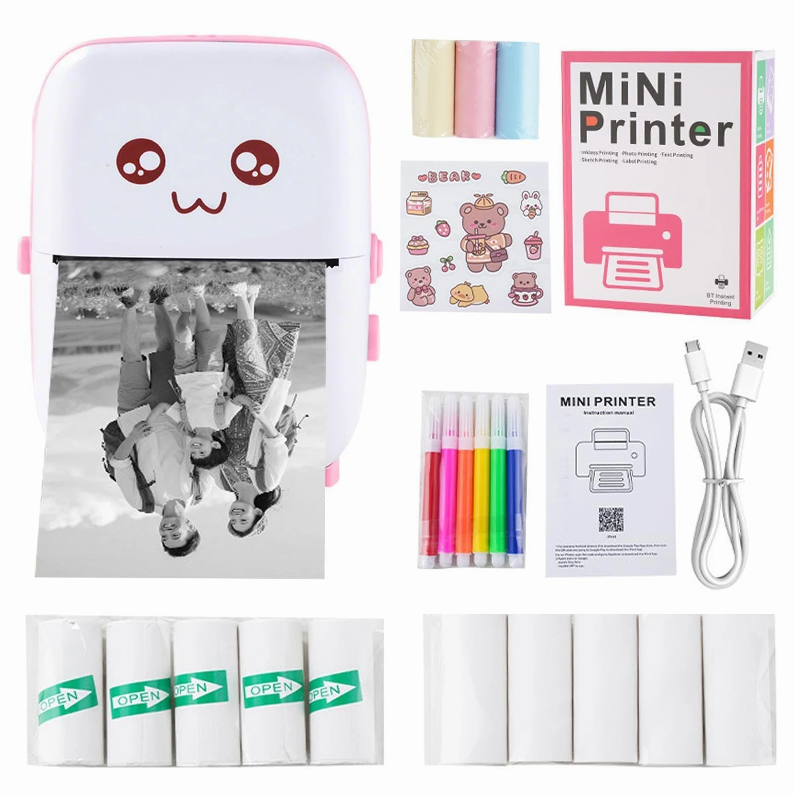 Stampante tascabile, termica, senza inchiostro, elegante, 13 rotoli di carta per foto, appunti, stampante fotografica compatta con connessione wireless, dispositivo portatile per piani di lavoro