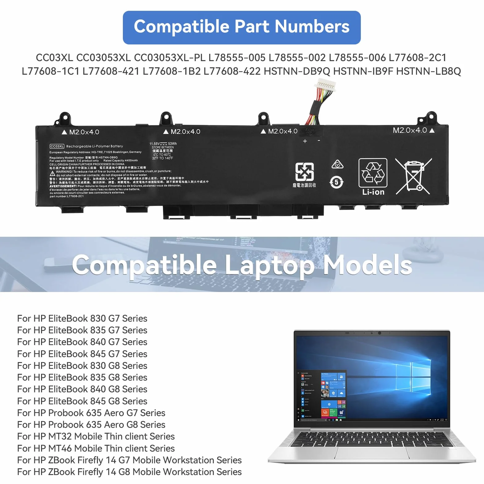 K KYUER 53Wh CC03XL CC03053XL-PL Batteria per HP EliteBook 830 835 840 845 Probook 635 Aero ZBook Firefly 14 G7 G8 Mobile Workstation MT32 MT46 Thin Client L77608-421 L77608-1C2 HSTNN-IB9F L78555-005