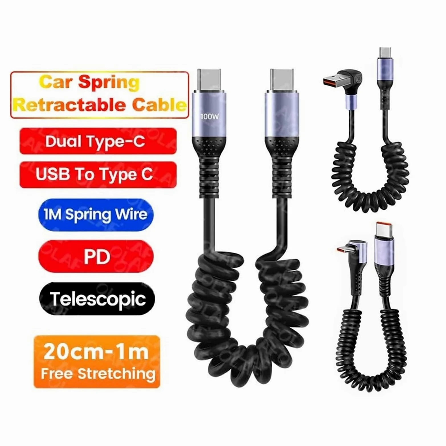 Cavo USB C a gomito a molla, 6 A, 66 W, ricarica rapida, tipo C, per iPhone e Samsung (3 in 1 a tipo C)