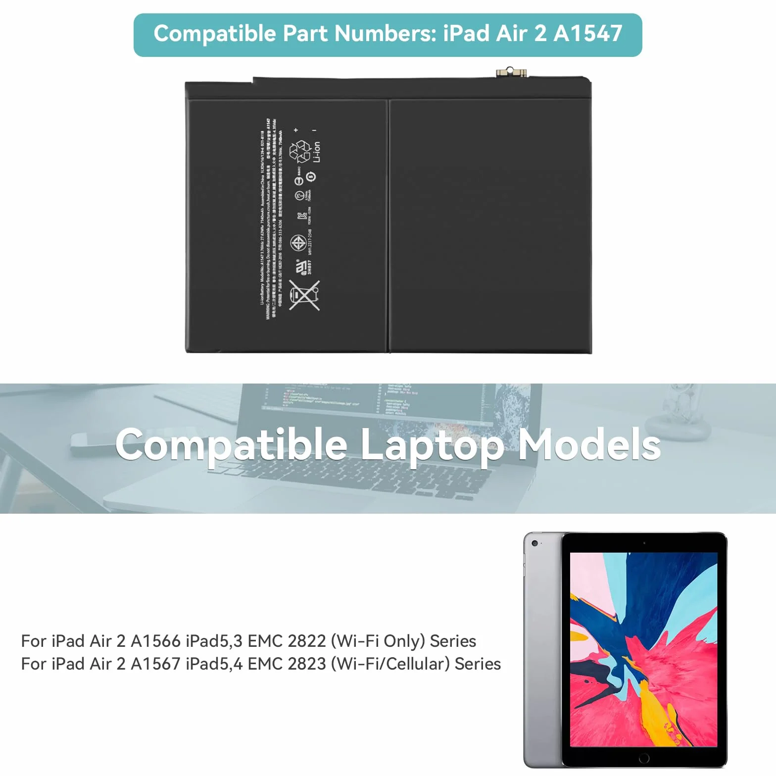 A1547 Tablet Batteria per i-Pad Air 2 2nd Generation Gen A1566 A1567 2014 iPad5,3 iPad5,4 MGLW2LL/A MH0W2LL/A MGL12LL/A MNV62LL/A MH2V2LL/A MH2W2LL/A MH2U2LL/A MNW22LL/A MGKM2LL/A MH182LL/A MGKL2LL/A