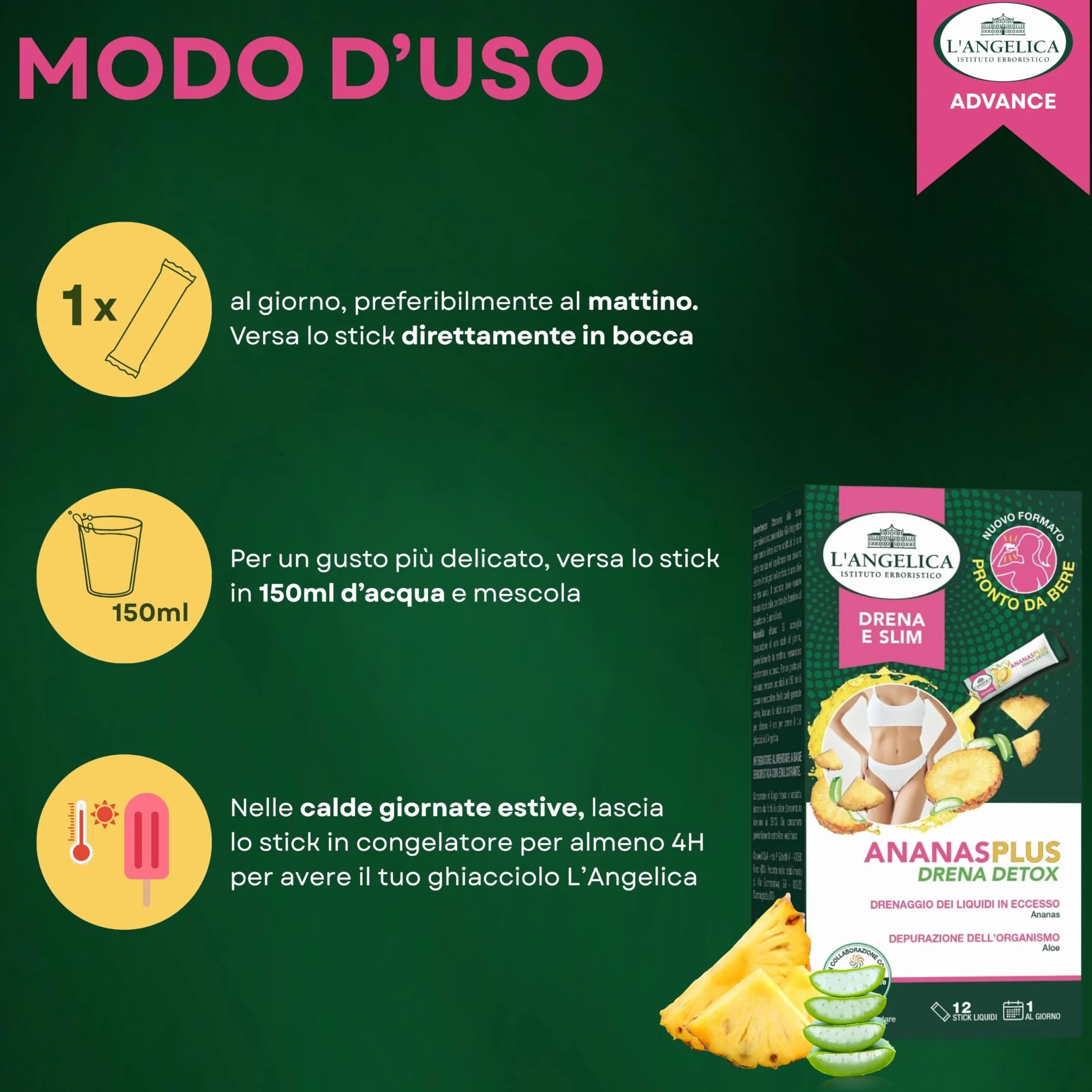 L'Angelica Ananas Plus Drena Detox Integratore Alimentare Drenaggio Depurazione Ananas Aloe Vera 12 Stick