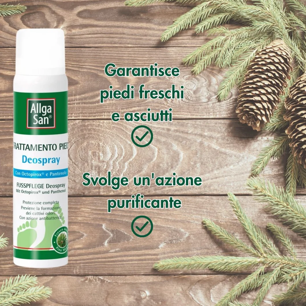 Allga San Deospray Deodorante Scarpe Spray Antiodore 100 ml Trattamento al Pino Mugo per Piedi Freschi e Asciutti