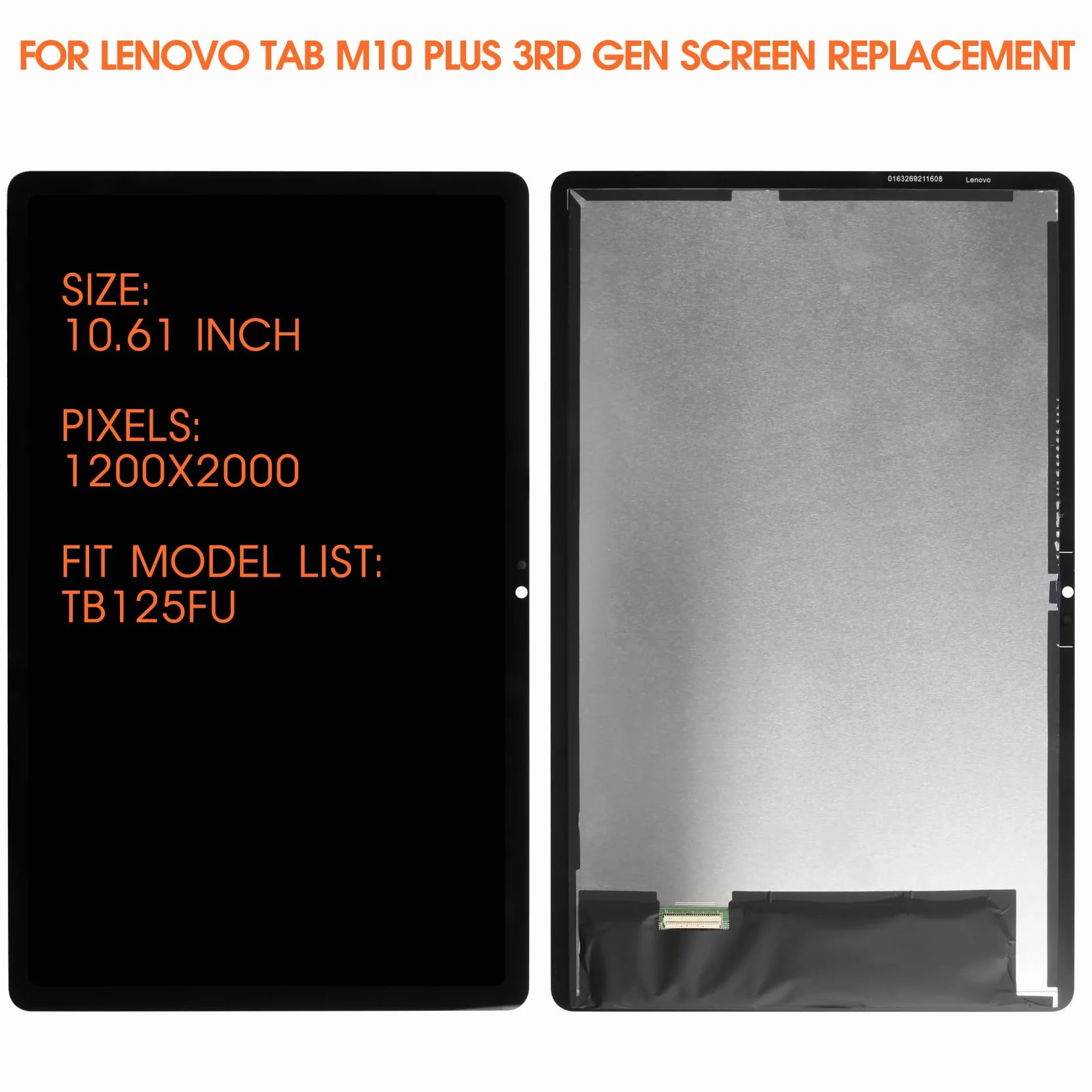 Schermo LCD per Lenovo Tab M10 Plus 3rd Gen TB-128FU TB125FU TB128FU TB128XU TB128 TB125 10,6 Pollici LCD Display Digitalizer Touch Screen Assembly con Riparazione, Nero