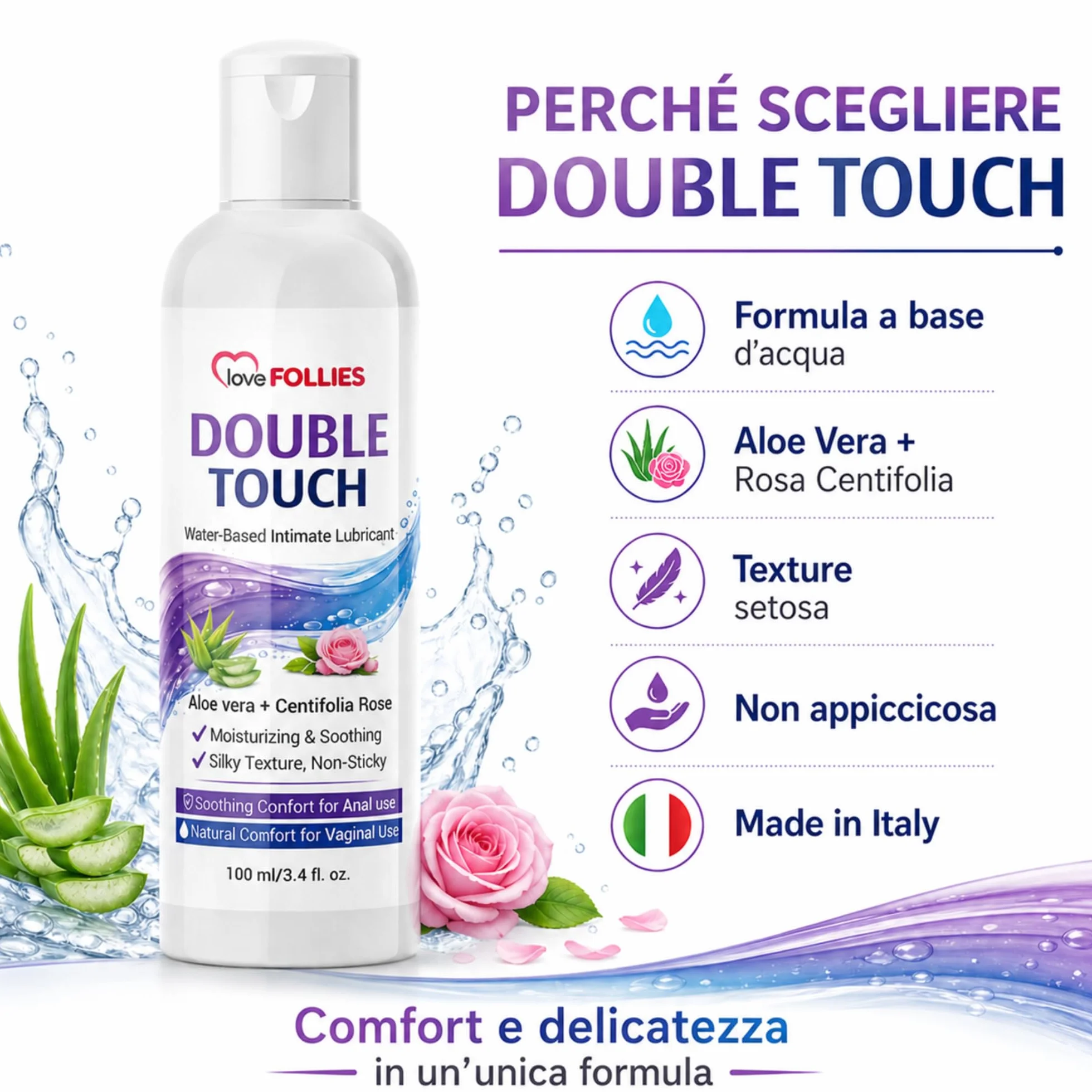 Gel Lubrificante Intimo Double Touch All'Acqua con Aloe Vera e Rosa Centifolia, 100 ml