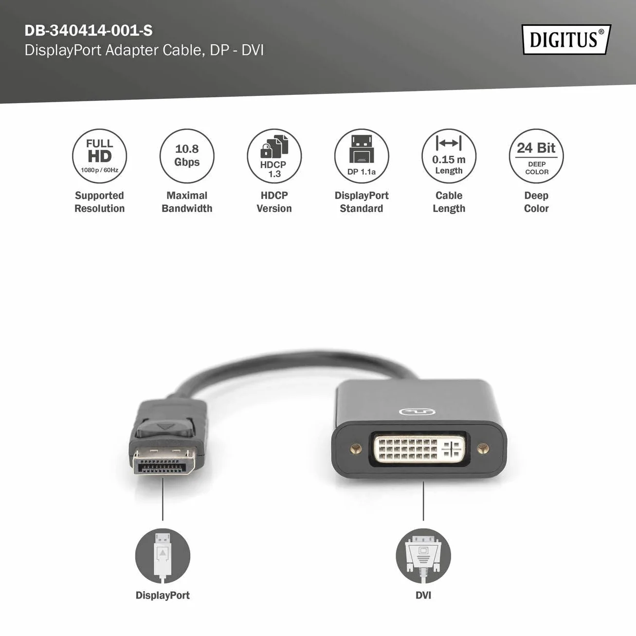 Digitus Assmann Adattatore attivo/Convertitore DisplayPort, da DP a DVI