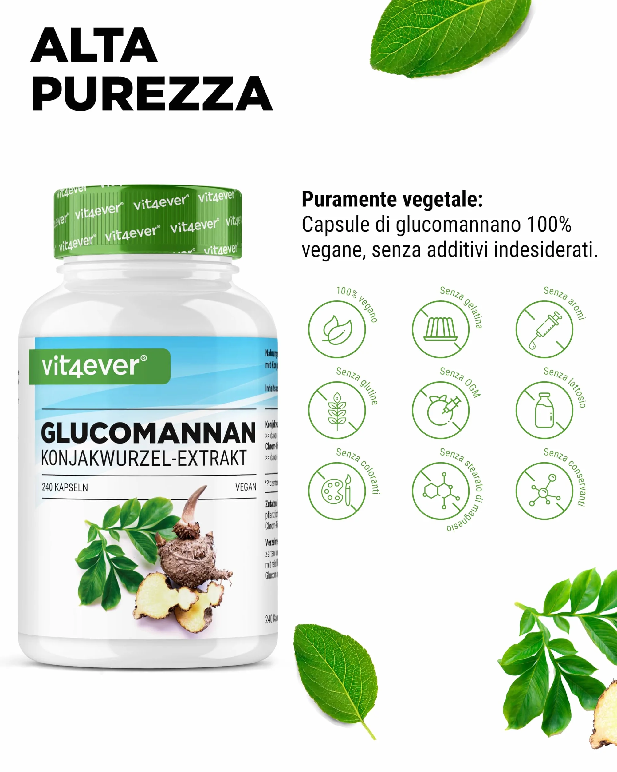 Glucomannano dalla radice di konjac 240 capsule 4200 mg per porzione con cromo Vegan