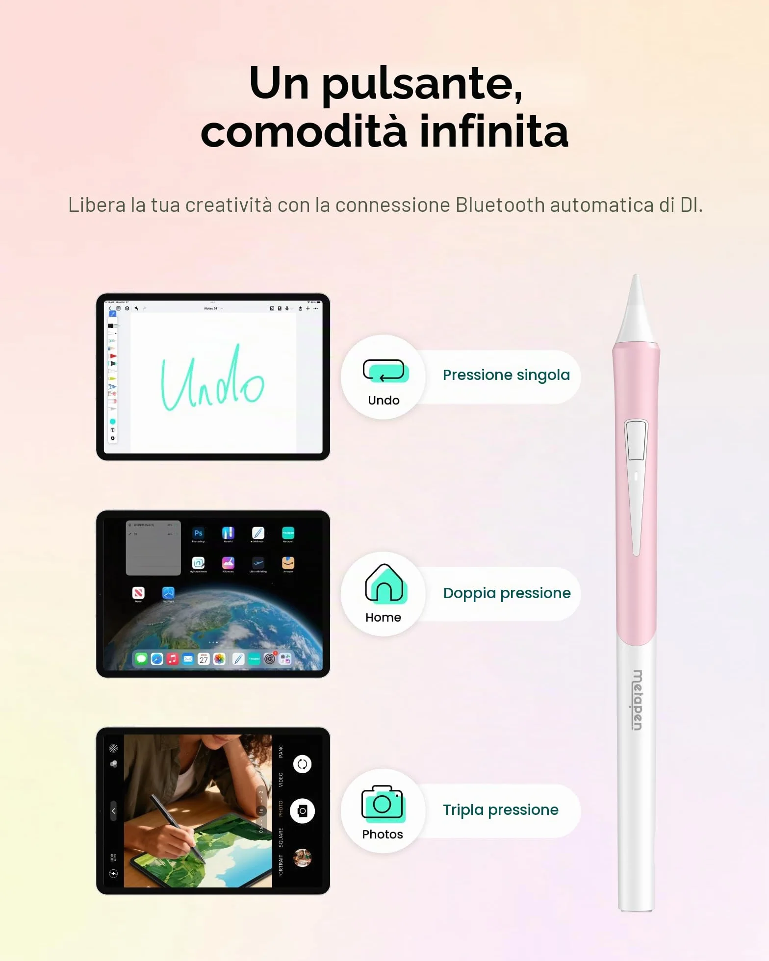 Metapen Penna D1 per Apple iPad 2018-2026,Impugnatura Comoda,Rifiuto del Palmo,Pencil con iPad Air 5/4/3/M2/M3/M4, iPad 11 A16/10/9/8/7/6, Pro 12.9''/11''/13''M4, Mini 6/5