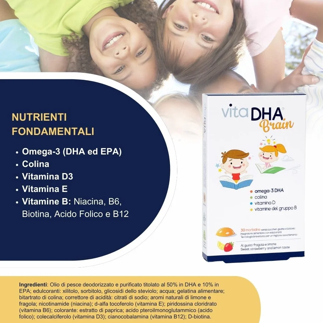 VitaDHA Brain Omega 3 Bambini 3+ Anni IFOS 5 Stelle 30 Jelly Morbide Gusto Fragola e Limone Vitamina D3 e B