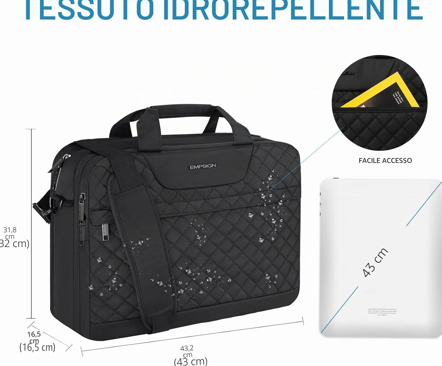 EMPSIGN Borsa porta PC 17,3 pollici, cartella da viaggio espandibile con grande capacità per uomo e donna per ufficio e lavoro, custodia per computer idrorepellente con tasche RFID, nera