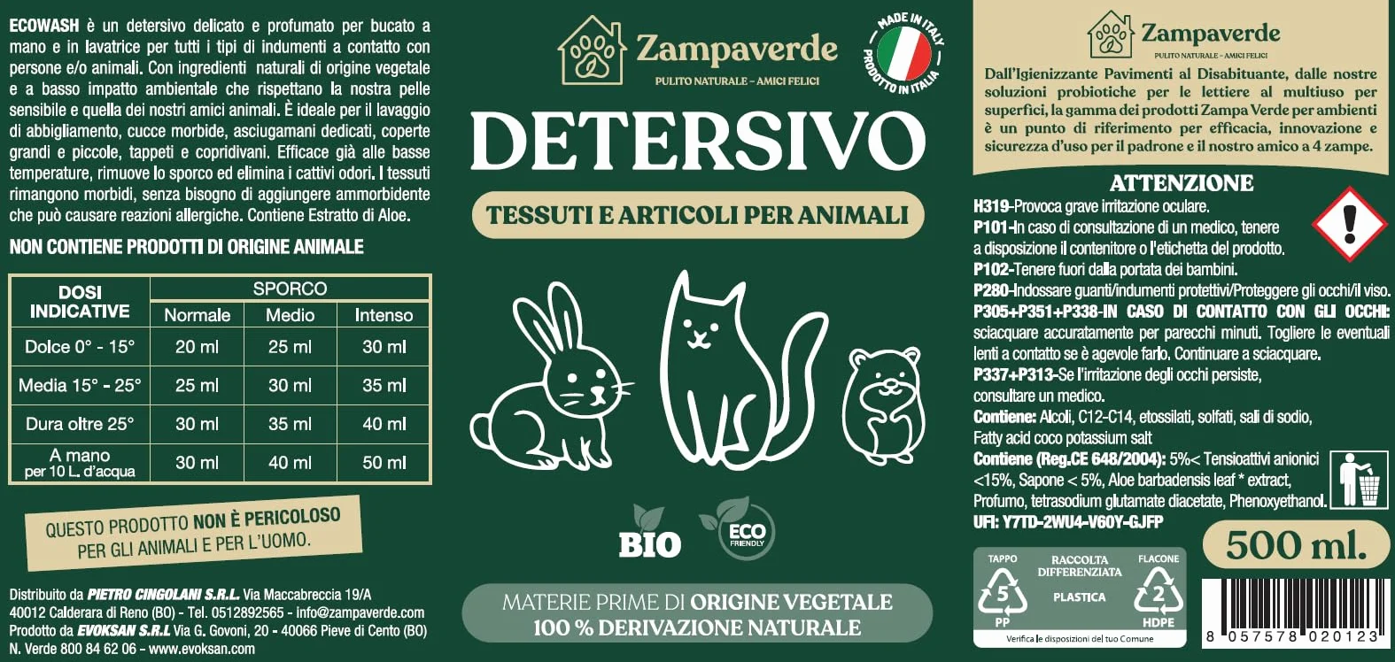 ZampaVerde Detersivo Tessuti Cani Gatti Igienizzante Zampe Bio 2pz