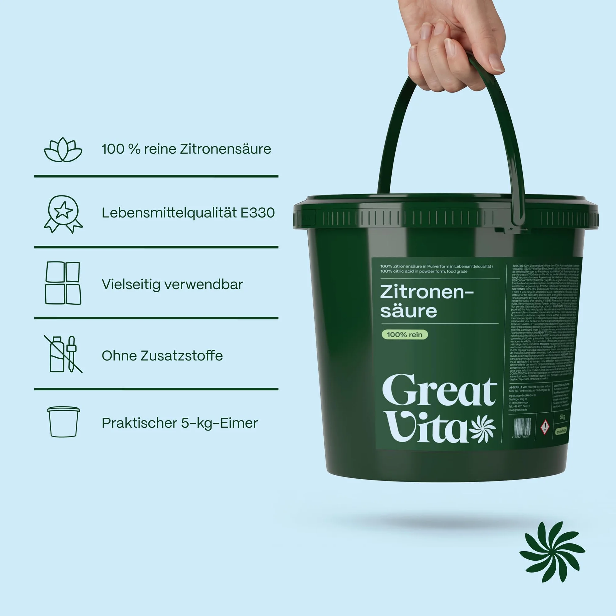GreatVita Acido Citrico Polvere 5 kg E330 Decalcificazione Pulizia Cottura