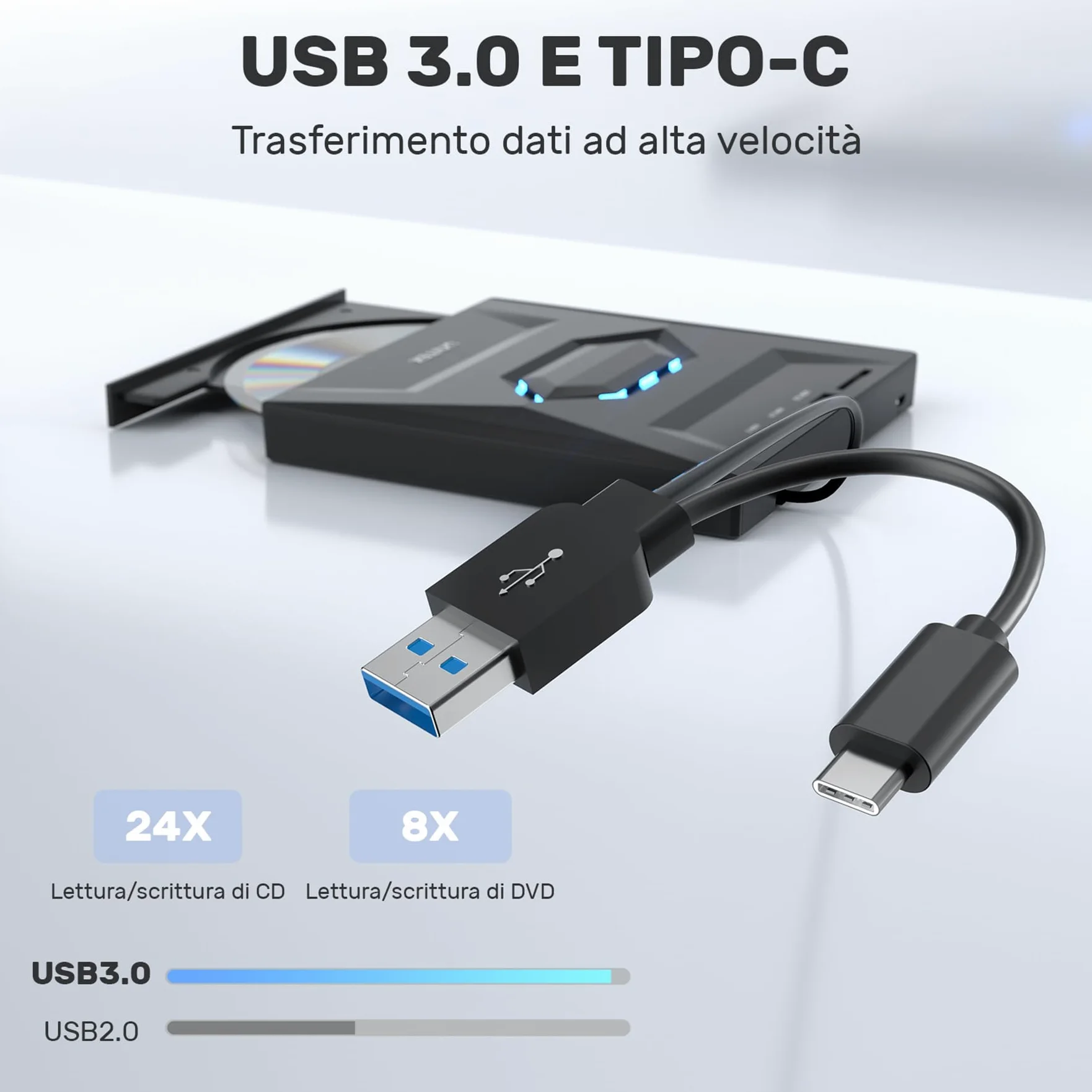 UNITEK Masterizzatore esterno USB 3.0&Type C Unità CD/DVD esterna -/+RW con slot per scheda SD per PC Laptop, Desktop, Portatile, Macbook Pro/Air per Windows 11/10/8.1/7/XP/Vista/Linux/MacOS