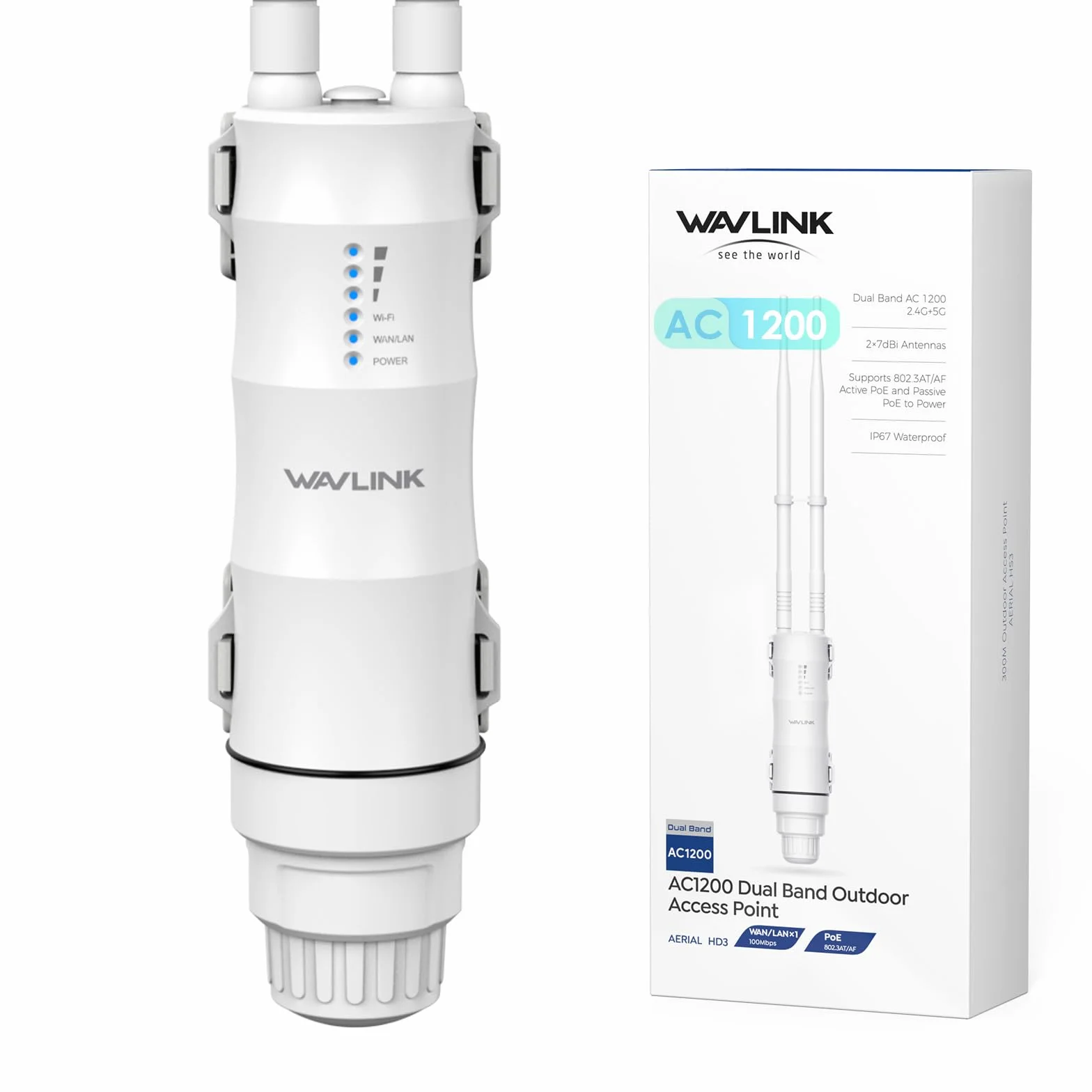 WAVLINK AC1200 Ripetitore WiFi Esterno Lunga Portata PoE - Amplificatore Segnale Dual Band IP67 Impermeabile, Punto di Accesso Outdoor con Antenne Potenti, Ideale per Giardino Piscina Parcheggio