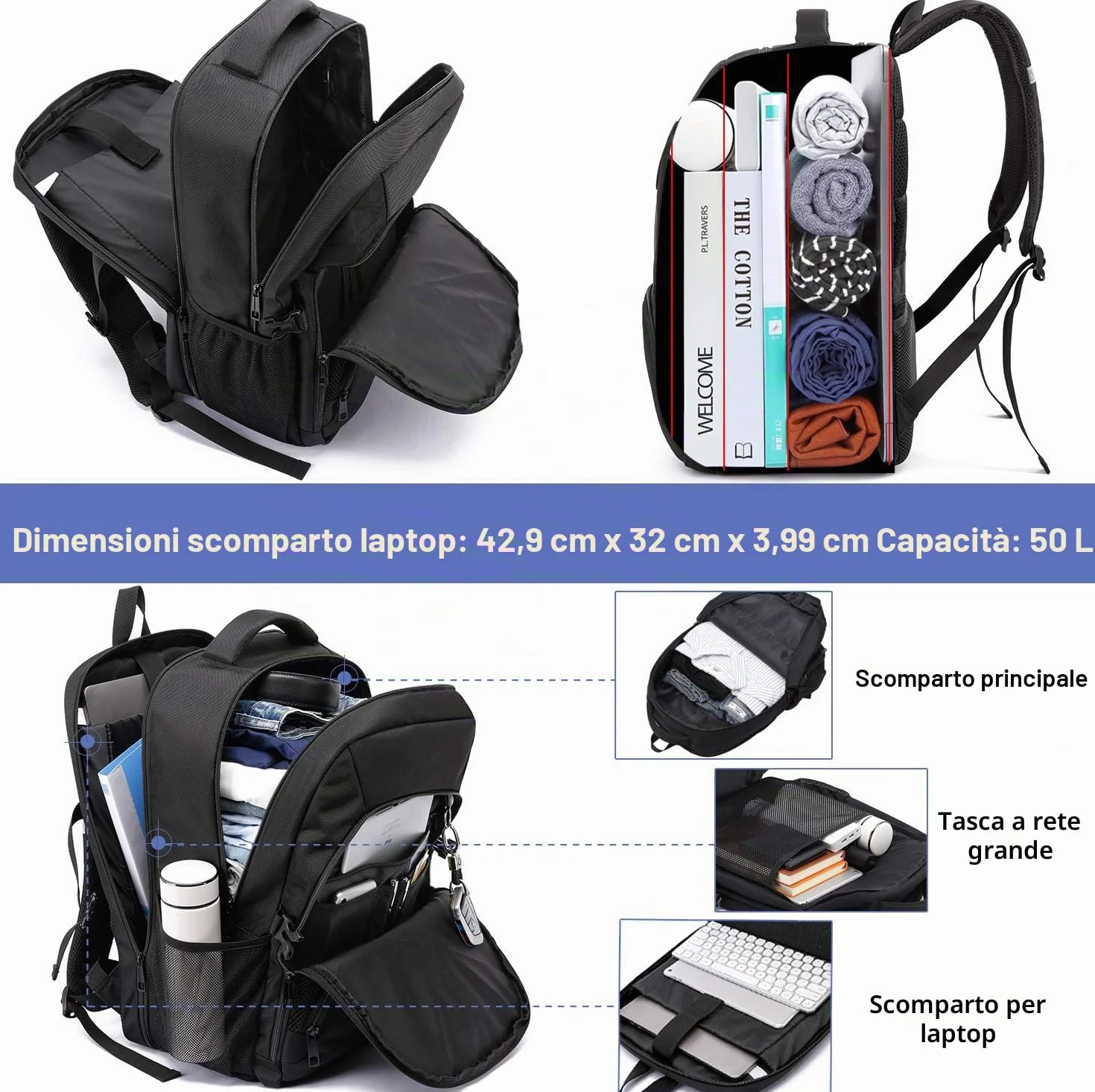Zaino Uomo Grande 50L,17 Pollici, Porta PC, Zaino Lavoro Impermeabile Antifurto con Caricatore USB per Viaggio Ufficio Scuola -Nero
