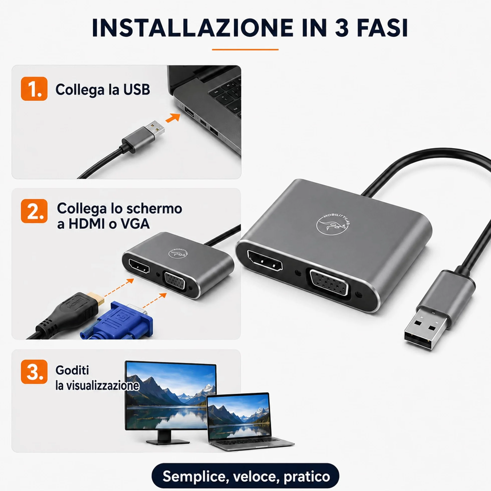Mobility Lab ML312842 Adattatore USB 3.0 a HDMI e VGA 1920x1080p 60Hz Plug & Play