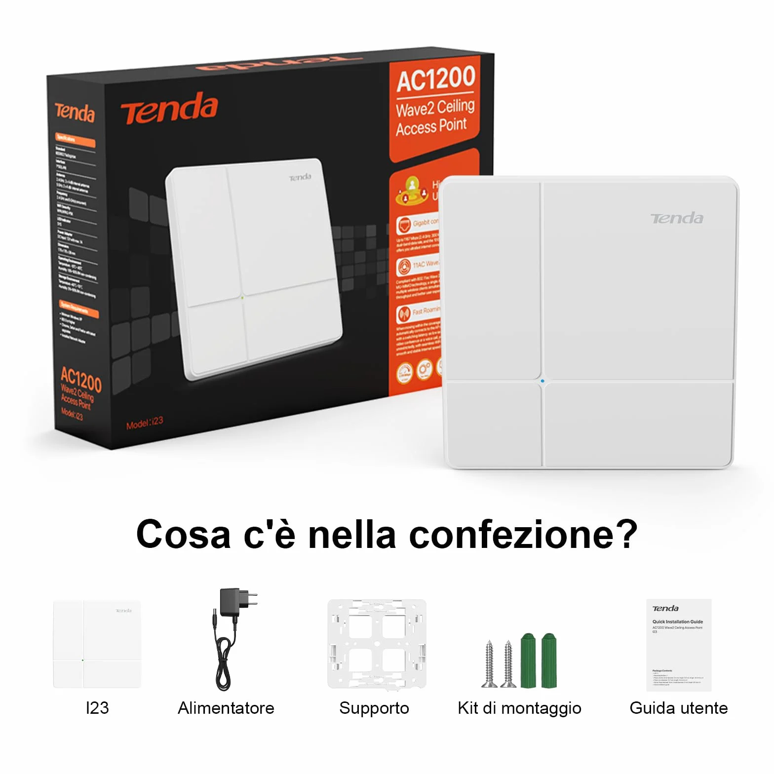 Tenda I23 AC1200 Wireless Access Point (802.11ac Dual Band, 1 Porta Gigabit, Gestibile tramite APP/Interfaccia Web, Alimentato tramite PoE+ 802.3at, Include Alimentatore) Bianco