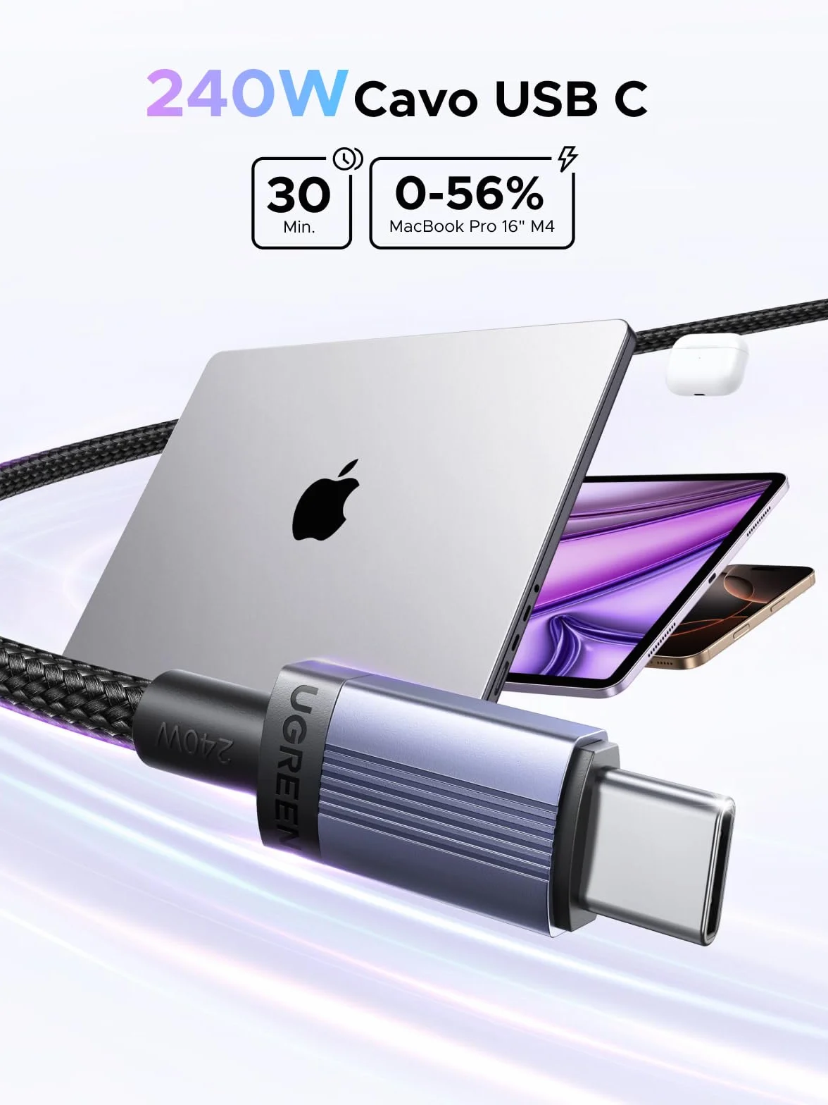 UGREEN 2Pack Cavo USB C 240W, Type C Ricarica Rapida PD 3.1, Compatibile con MacBook, iPad Air, ASUS, HP, iPhone 17 Pro Max Air Pro Max Air/16/15 Plus Pro Max, Galaxy S26/25, Pixel 10/9.2M