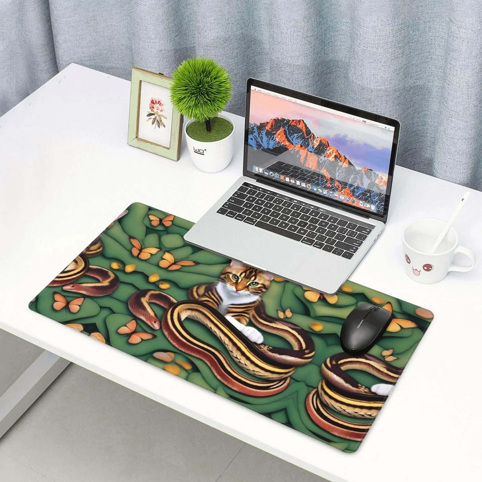 The Story of the Snake and the cat, tappetino da scrivania grande per tastiera, base in gomma, motivo stampato, per ufficio, gaming, laptop, PC, nero