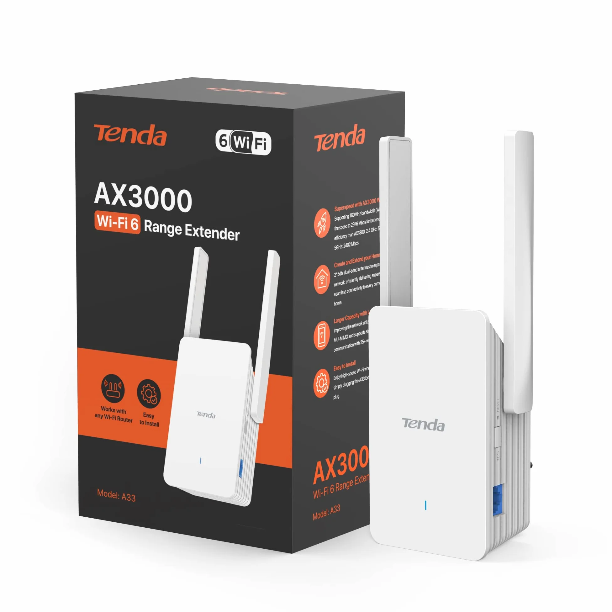 Tenda A33 Ripetitore WiFi 6 AX3000, Amplificatore WiFi 6 Doble Band Gigabit, Modalità AP, Pulsante WPS, LED Segnale Intelligente