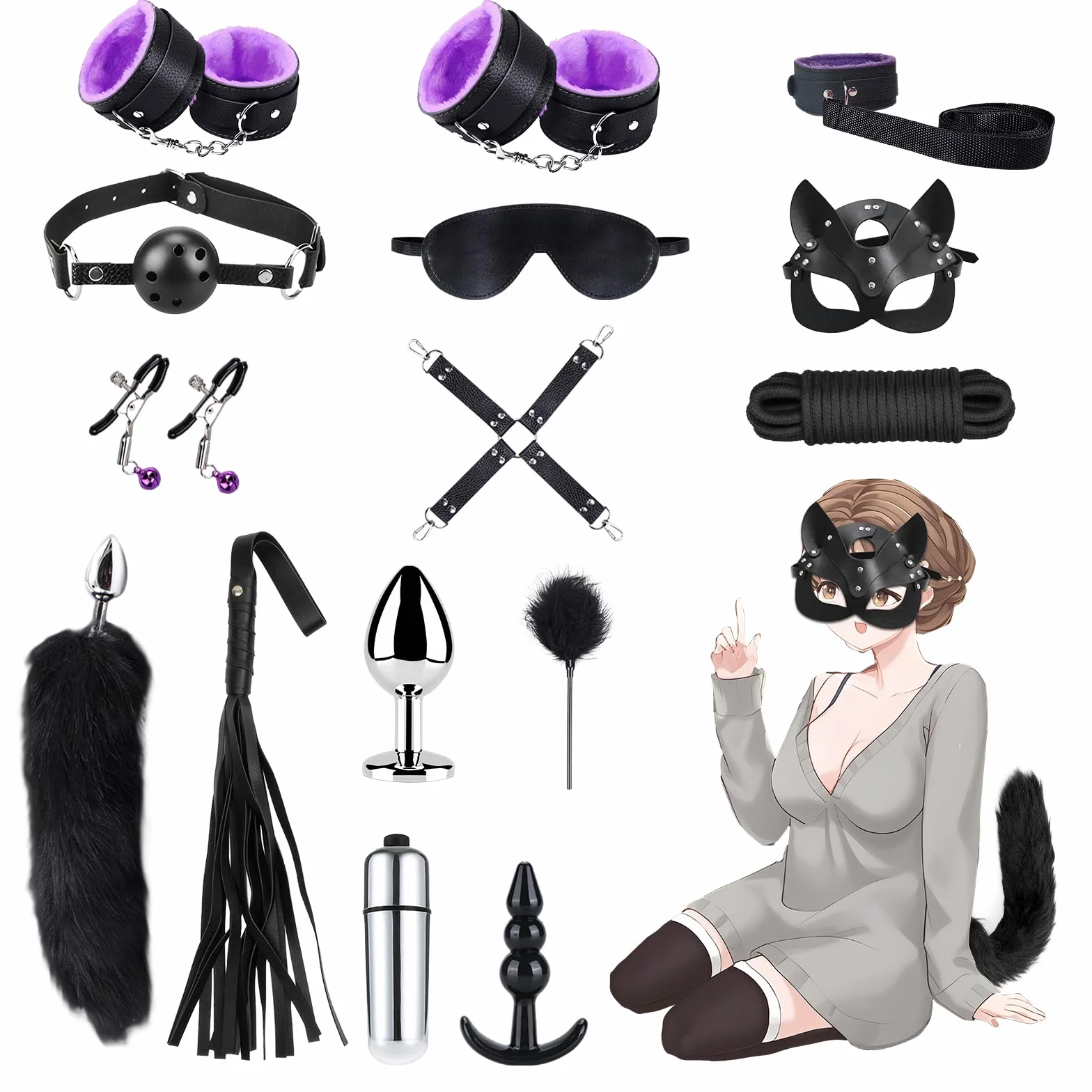Qoosea 15 Pezzi Set Bondage SM, Sex Toys Kit Plug Anale con Coda di Volpe per Esperti e Principianti