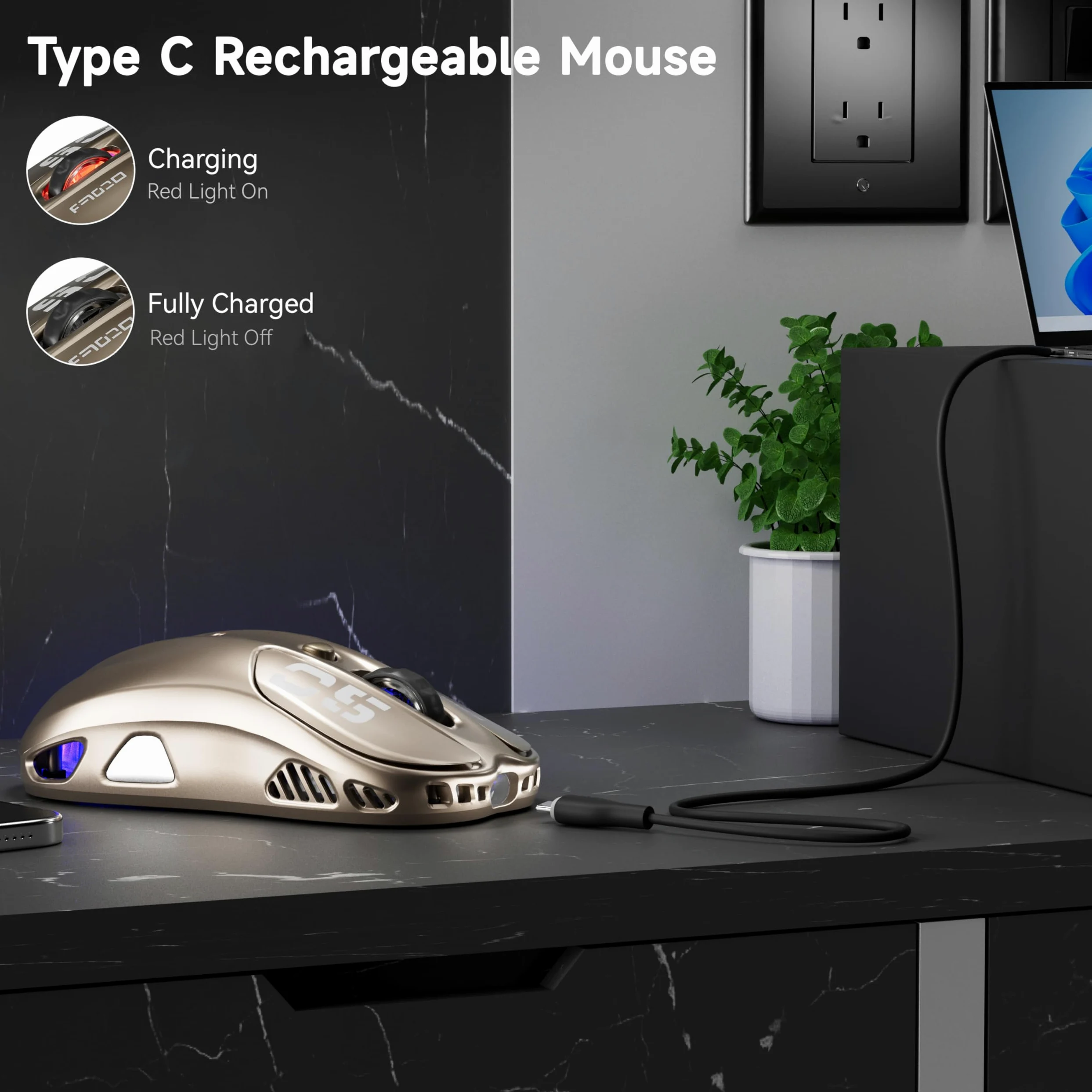 Uciefy Mouse wireless Buletooth, (BT5.1 e USB) Dual Mode ricaricabile LED, mouse ergonomico per computer portatile/PC, bronzo