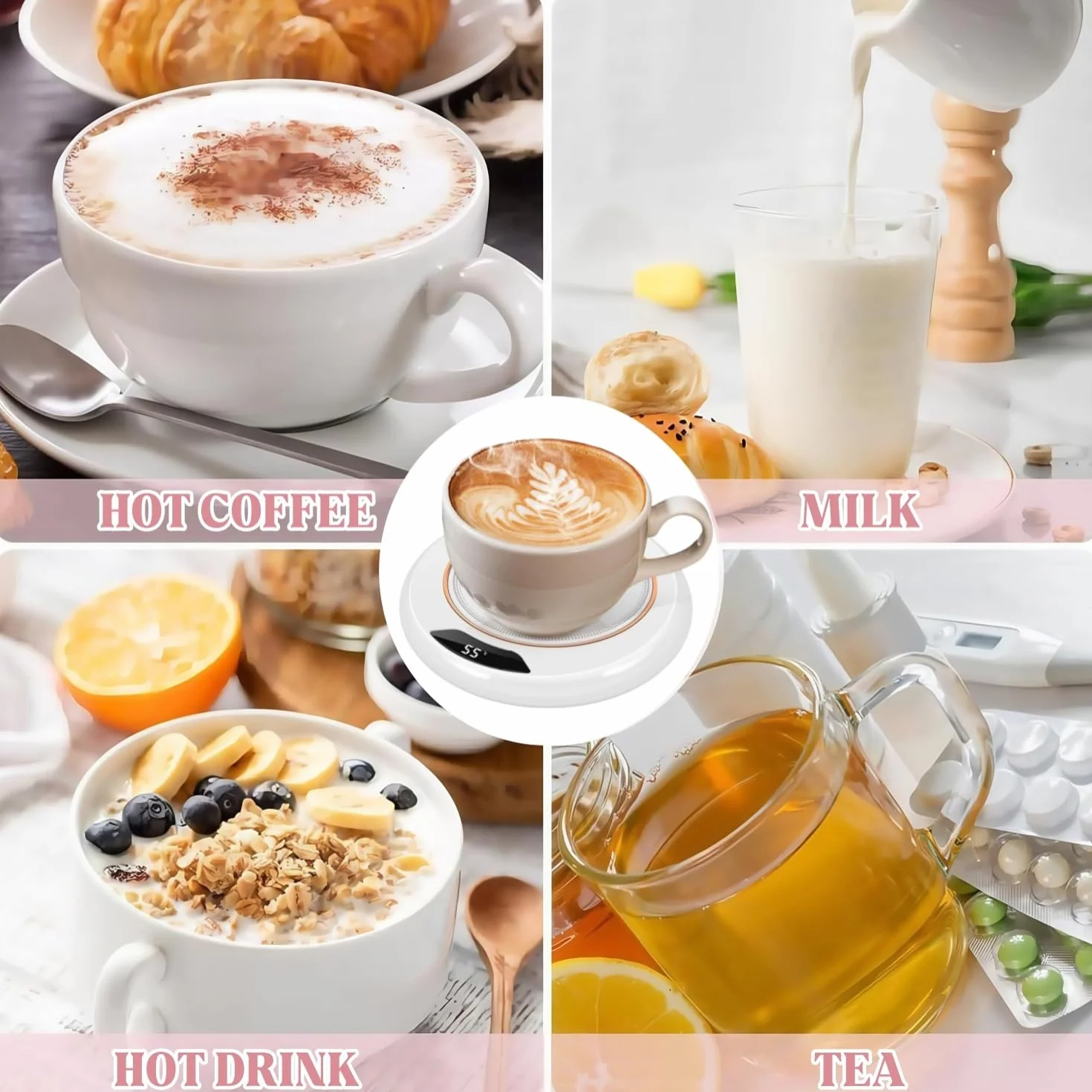 Scalda Tazze da Caffè Intelligente,Scalda Bicchieri per Scrivania,Scaldatazze con 3 Impostazioni di Temperatura per Bevande Tè,Caffè,Acqua,Latte per Tutte le Tazze,Piastra,Bianco