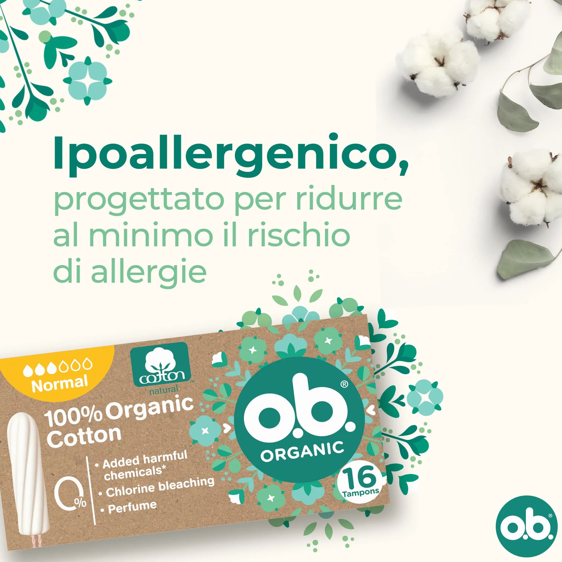 o.b. Assorbenti Interni Organic Normal 100% Cottone Biologico, 16 Tamponi