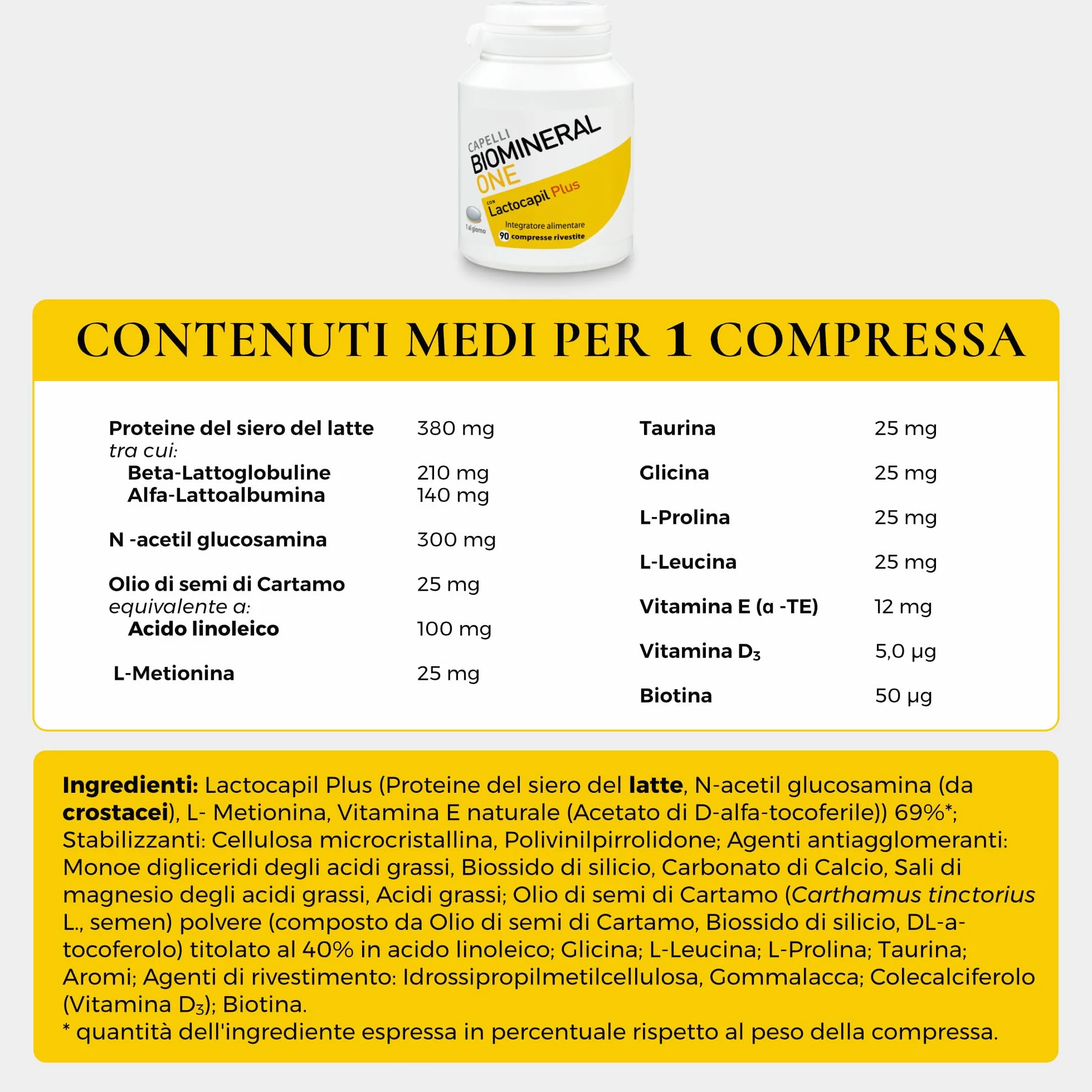 Biomineral One Capelli Più Forti 90 Compresse Integratore per Capelli con Lactocapil Plus Biotina Vitamina D Acido Linoleico e Taurina