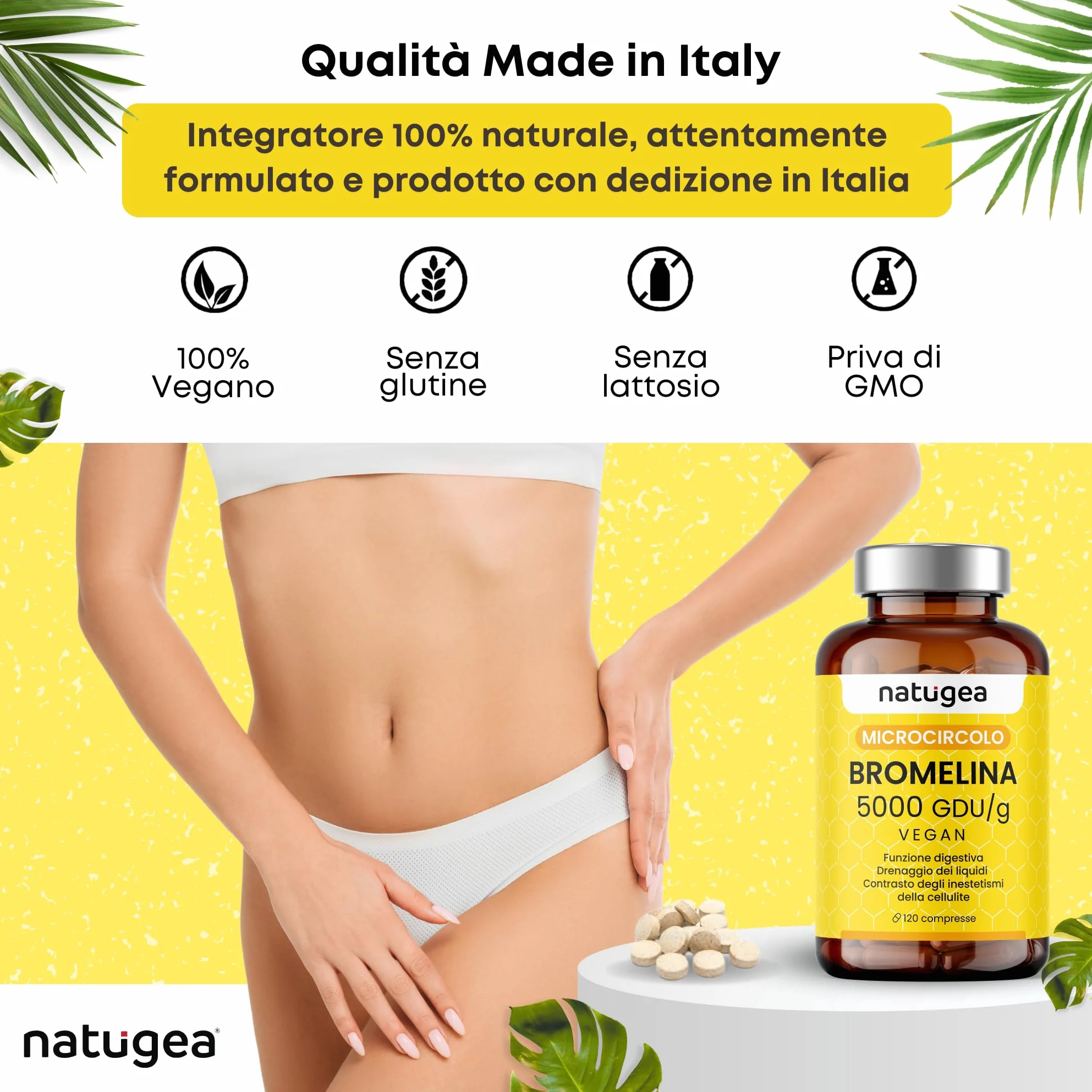 Natugea Bromelina Forte Drenante 5000 GDU/g 10000 FIP 120 Compresse Vegana Detox Anticellulite