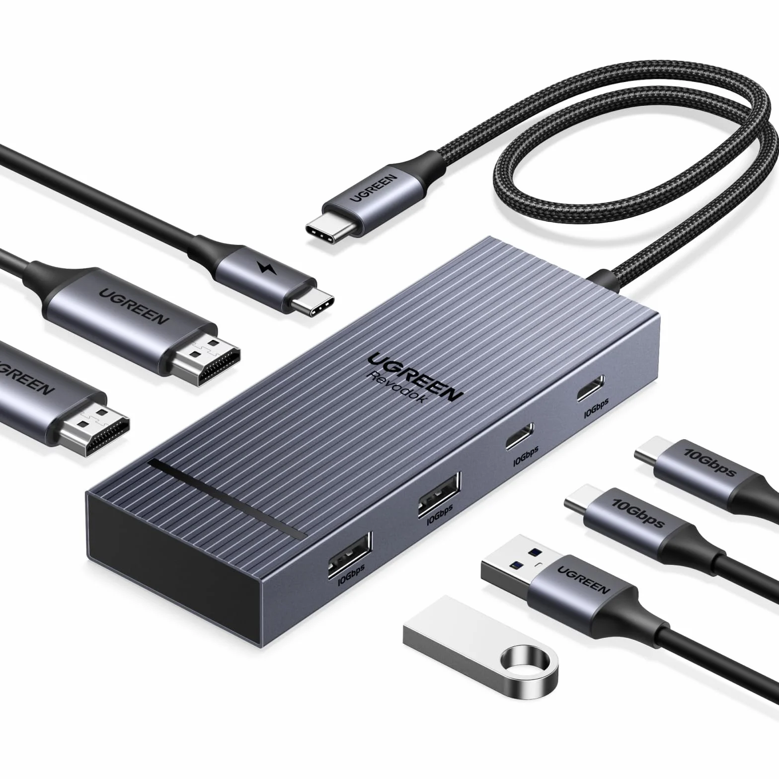 UGREEN Revodok Pro 207 10Gbps Hub USB C Doppio HDMI 4K 60Hz PD 100W Adattatore Type C 3.2 Docking Station 7 In 1 Dock Compatibile con Surface 10 XPS 15 13