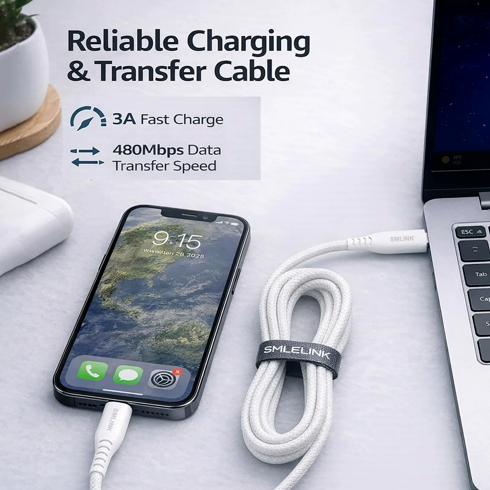 PD60W - Cavo da USB C a USB C, 1,5 m, in nylon intrecciato, ricarica rapida e trasferimento dati ad alta velocità, compatibile con iPhone 17/16/15, serie laptop, colore: bianco