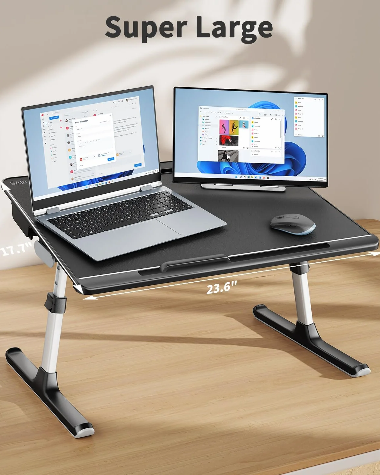 SAIJI - Tavolo per computer portatile e desktop, multi-funzione, altezza regolabile, supporto per libri e tablet, cassetto, pavimento del letto (grigio, 60 x 45 cm)