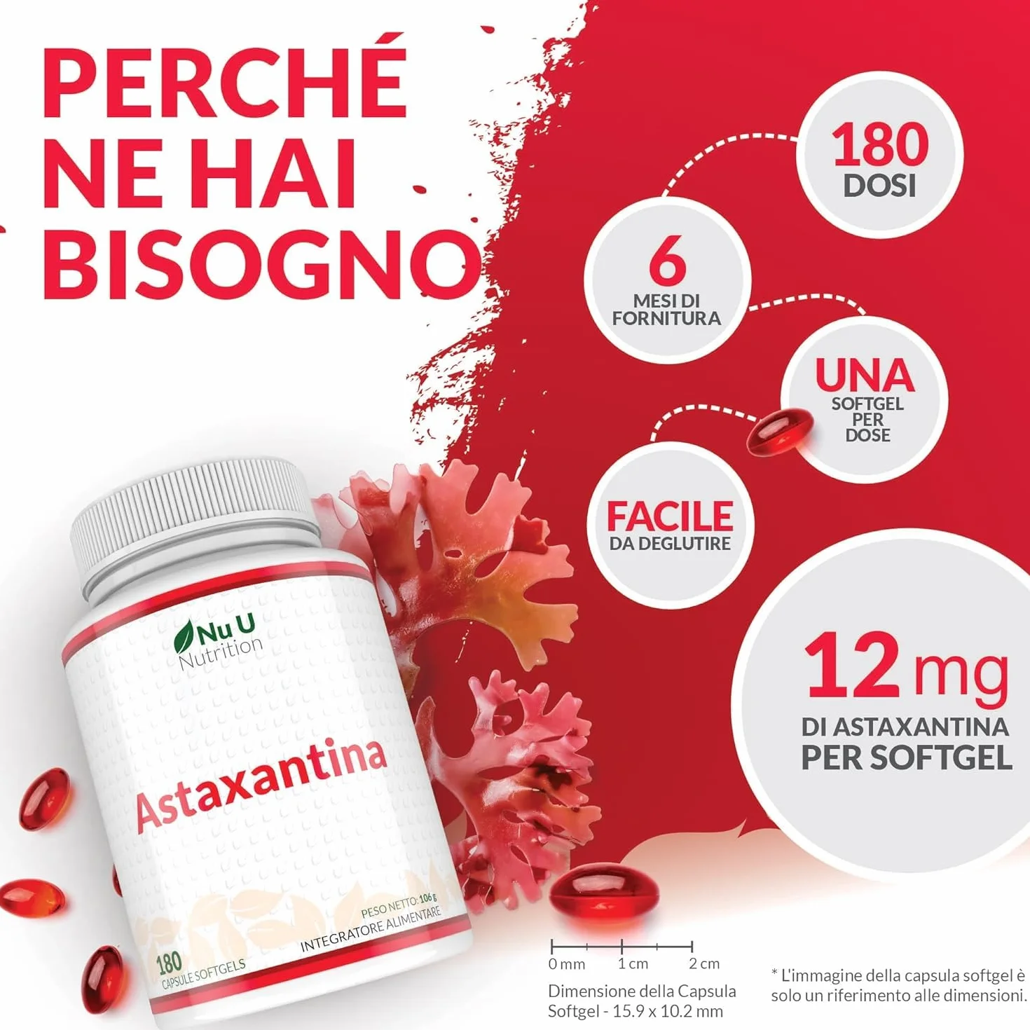 Nu U Nutrition Astaxantina Naturale 12mg 180 Capsule Softgel Integratore Antiossidante