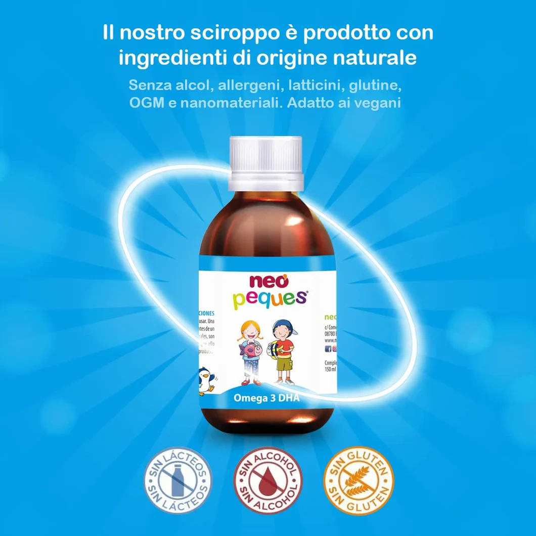NEO PEQUES Sciroppo Omega 3 DHA 150 ml per bambini concentrazione gusto fragola