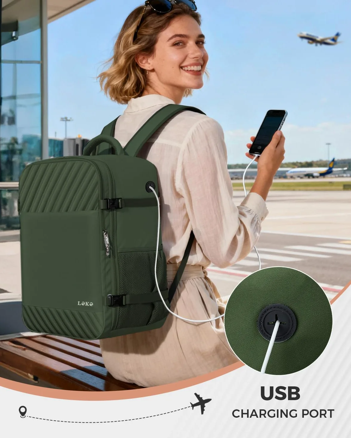 Zaino Ryanair 40x20x25 Zaino da Viaggio Aereo Bagaglio a Mano, Zaini Porta PC Uomo Donna con Scomparto Scarpe, Borsa da Cabina Viaggio Piccolo per Lavoro Scuola Casual Trekking, Verde
