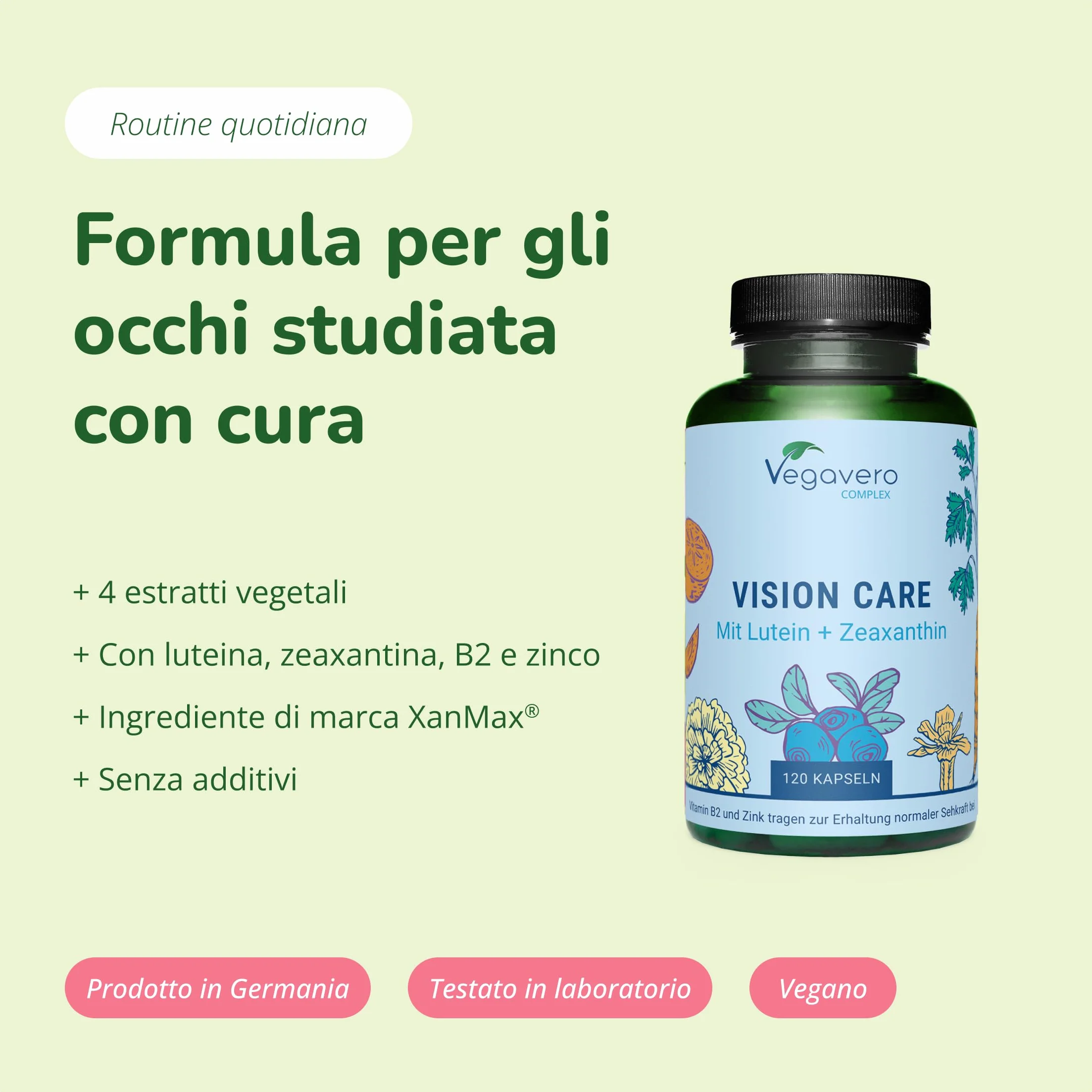 Vegavero Integratore OCCHI 120 capsule Luteina Zeaxantina Mirtillo Nero Vitamina A B2 Zinco Salute VISTA Vegan