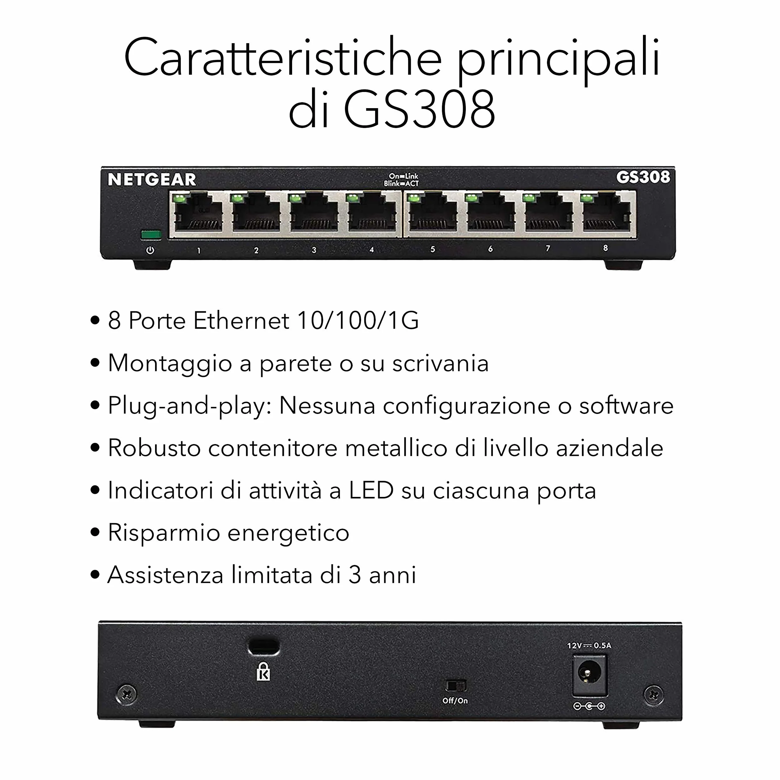 NETGEAR Switch Ethernet 8 porte Unmanaged (GS308), Switch Gigabit hub di rete domestica, Switch 8 Porte gigabit per ufficio, Plug-and-play, silenzioso, montaggio desktop o a parete