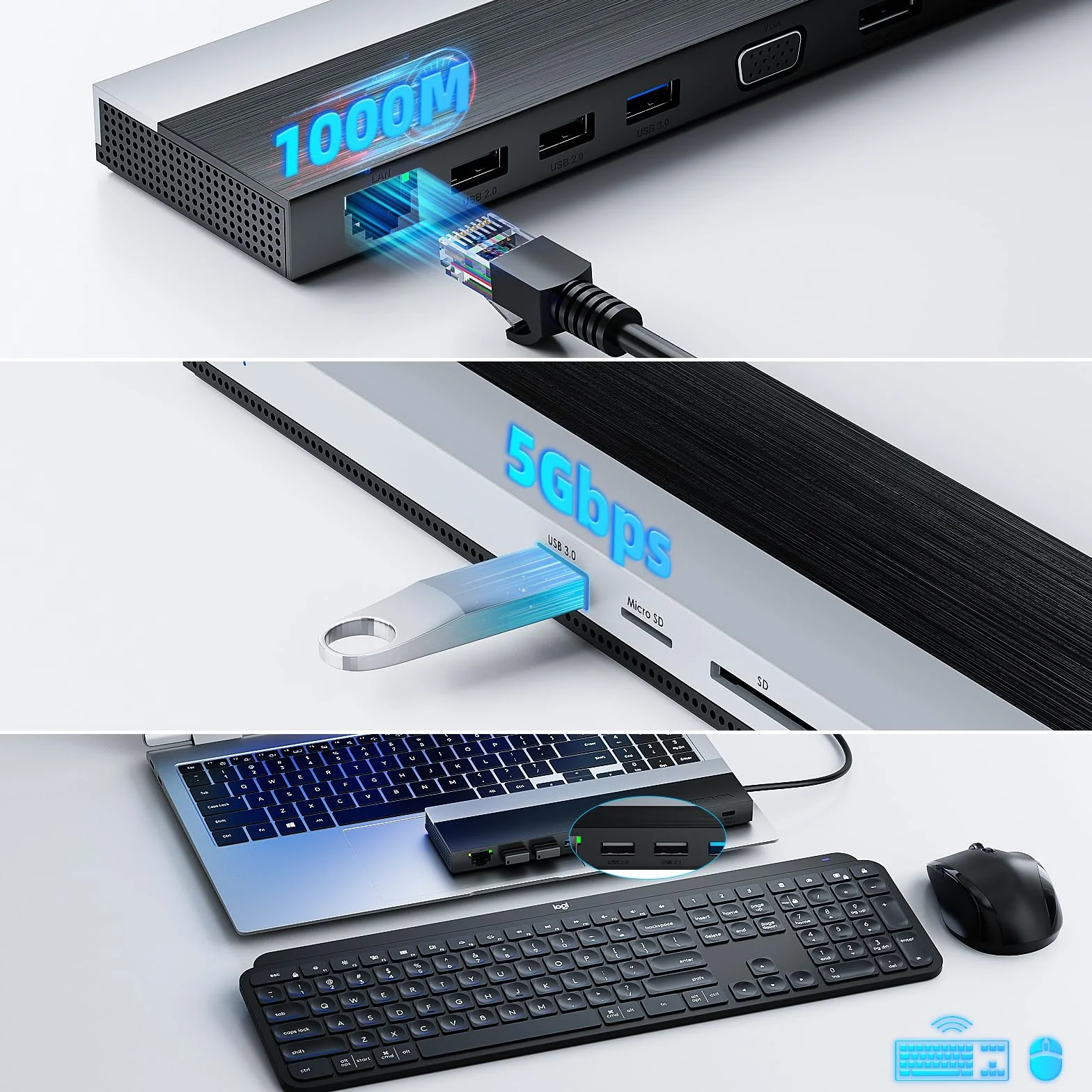 WAVLINK Docking station USB-C 3 monitor, docking station con HDMI, DP, VGA, 100W PD, USB3.0&2.0, RJ45, slot SD/TF, audio/microfono, per Lenovo/HP/Dell ecc. - Grigio