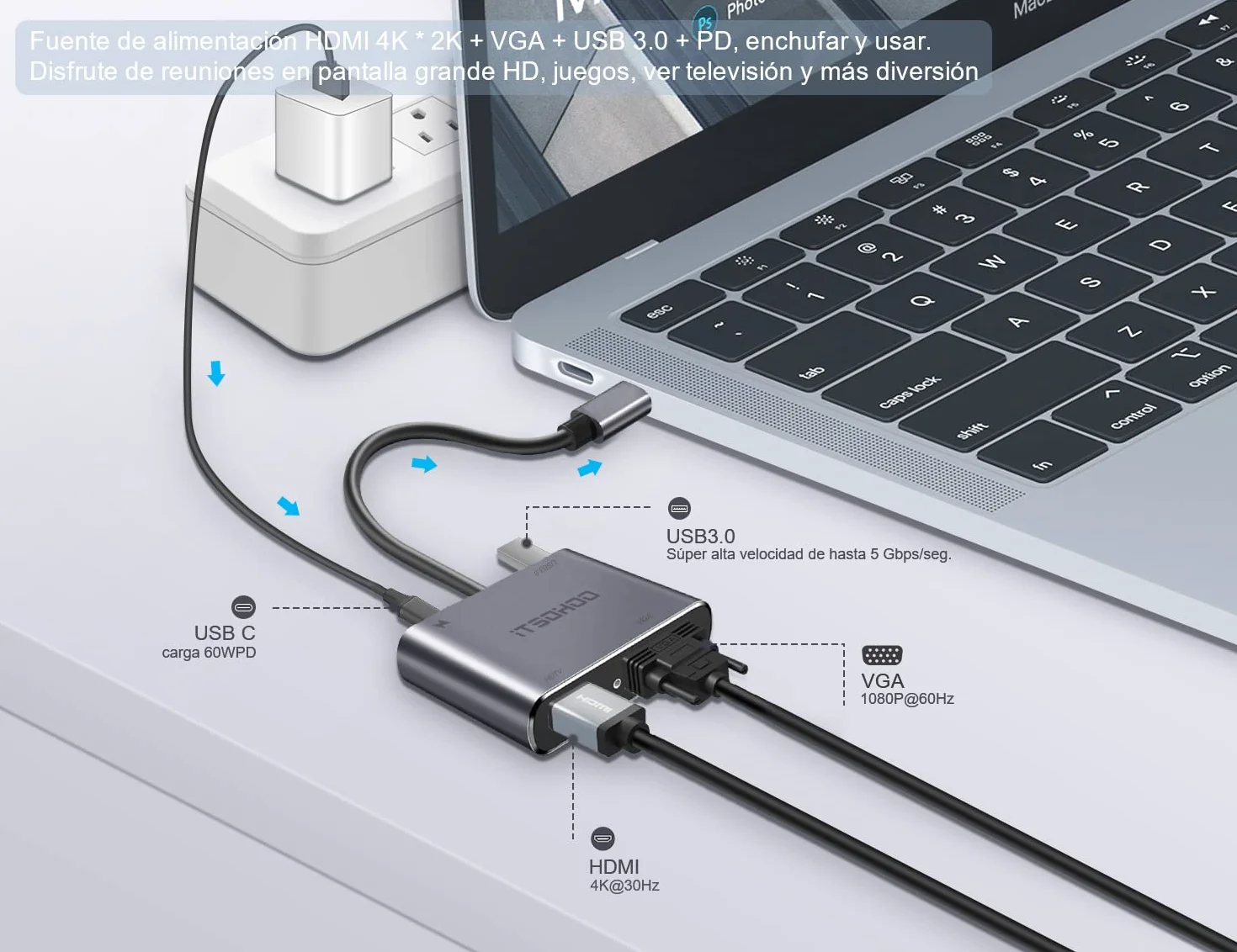 Adattatore USB C a HDMI VGA, USB C HUB a 4K HDMI,1080P VGA,USB 3.0, Type C 87W PD,4 in 1 USB C Adattatore per MacBook Air/Pro M1,Dell XPS 13/15, Surface Go, Galaxy S20 ecc