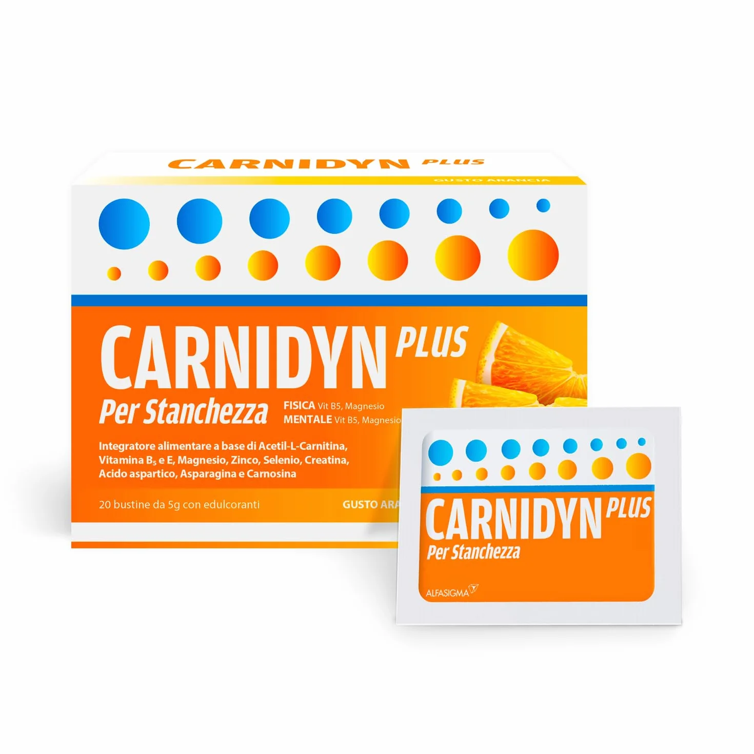 Carnidyn Plus Integratore Alimentare per Stanchezza Fisica e Mentale 20 Bustine 5g Gusto Arancia