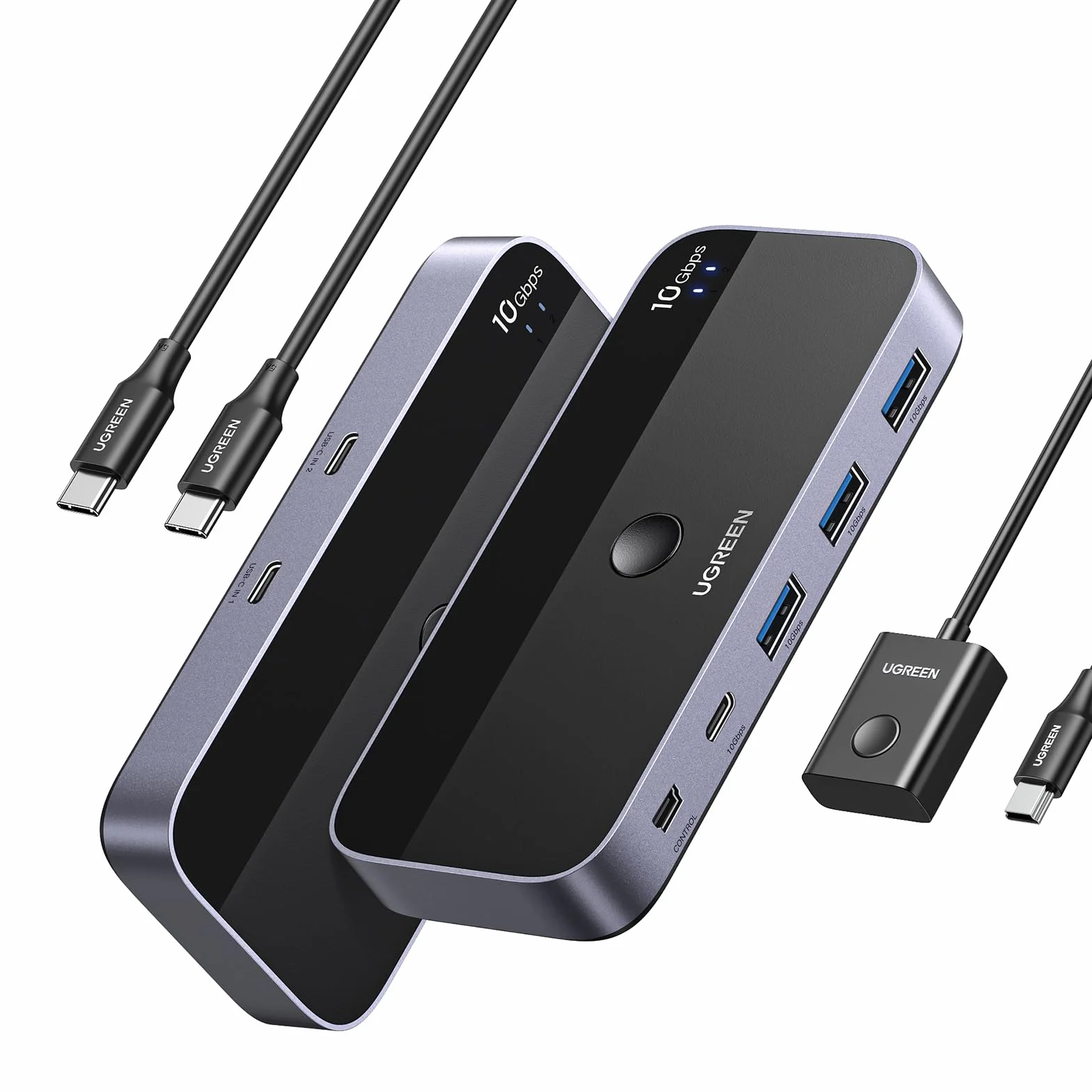 UGREEN Switch USB C 3.2 10Gbps 4 porte Switcher 2 Ingressi 4 Uscite 2 PC KVM Interruttore con Controller Desktop e 2 Cavi Tipo C Inclusi per Tastiera Mouse Stampante Hard Disk Scanner