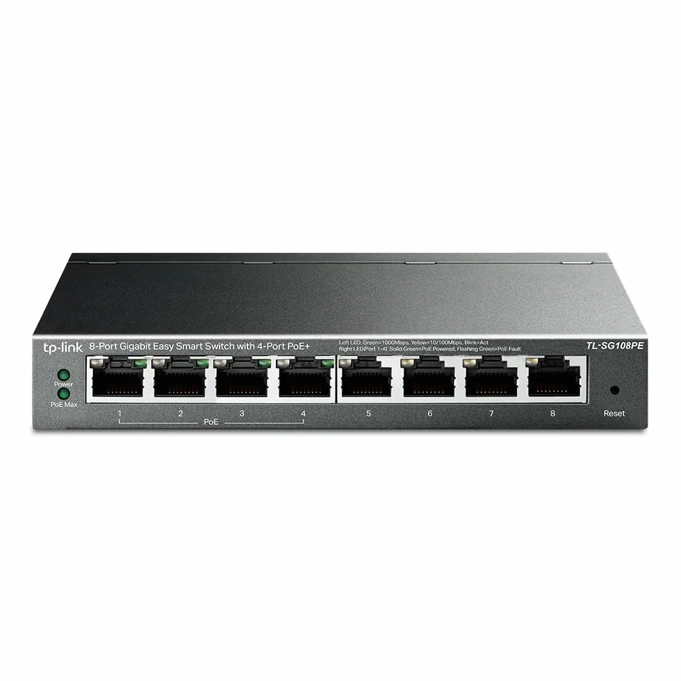 TP-Link Switch Gigabit TL-SG108PE Easy Smart con 4 porte PoE+ (64 watt, porte RJ-45 schermate, IEEE-802.3af/at, configurazione semplice, senza ventola), nero/antracite, 8 porte PoE Smart