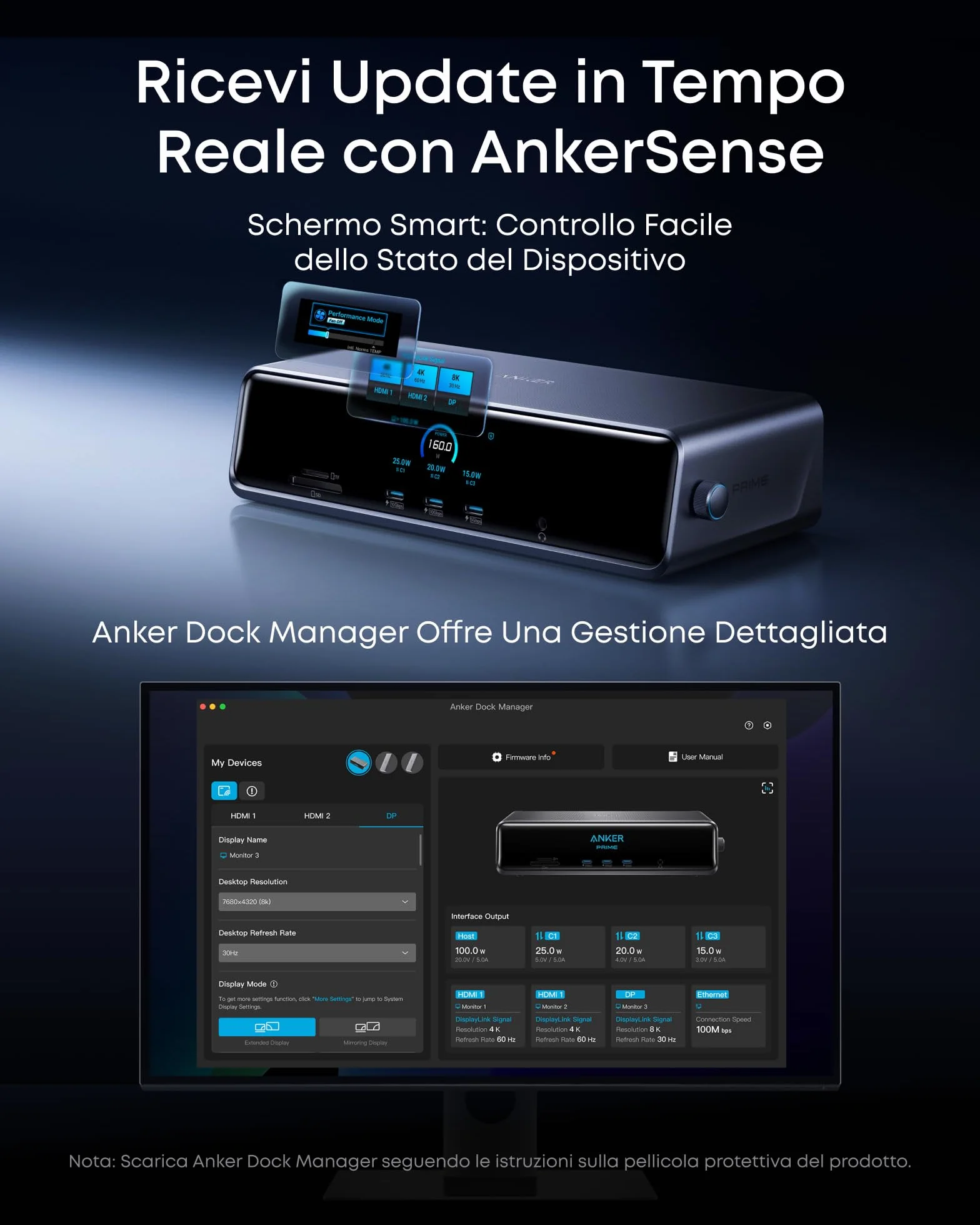 Anker Prime Docking Station 14 in 1, con Triplo DisplayLink, Porta USB C Fino a 140W, Schermo Smart e Ventola Integrata, Supporto 8K, Compatibile con MacOS e Windows (Richiede Driver DisplayLink)
