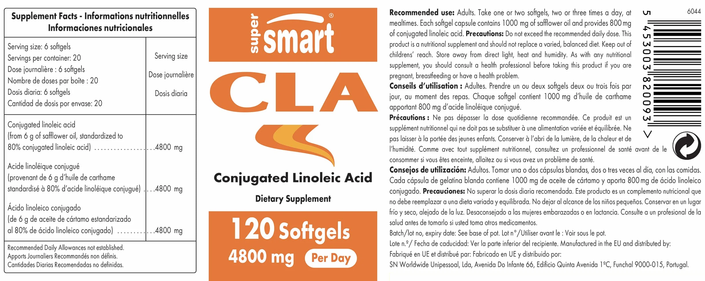 SuperSmart Tonalin CLA Acido Linoleico Coniugato Olio di Cartamo Supporto Gestione Peso Crescita Muscolare Senza Glutine