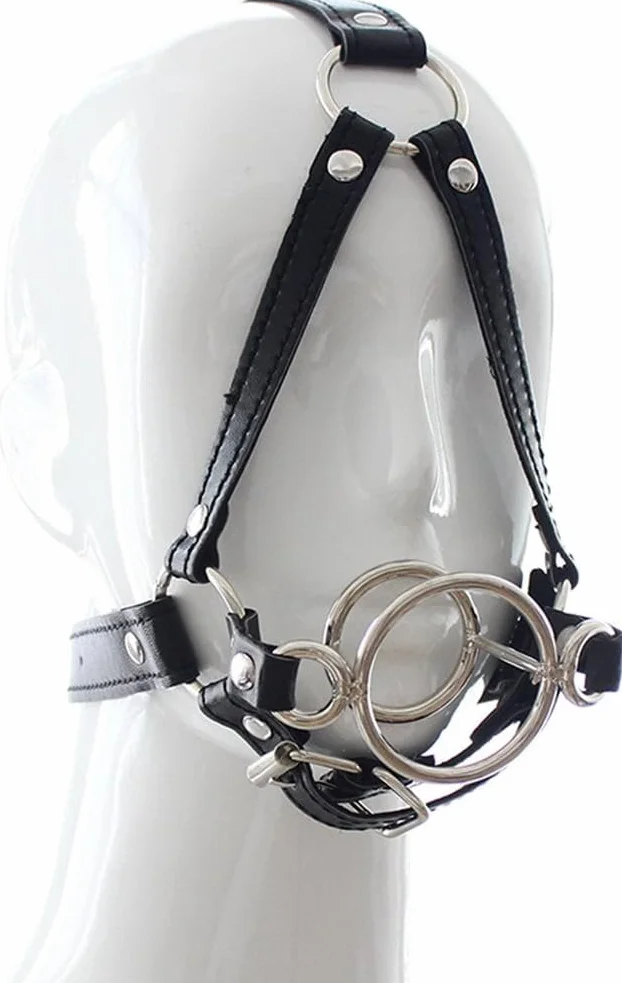 Bavaglio con 2 Anelli in Metallo Apribocca Ring Gag Imbracatura Similpelle BDSM Bondage Clinico Feticismo