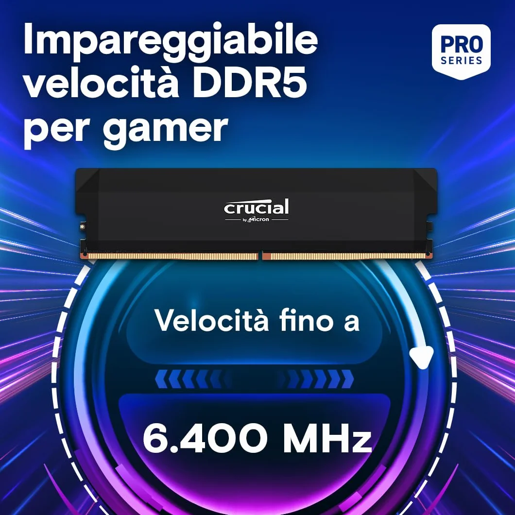 Crucial Pro RAM DDR5 32GB Kit (2x16GB) 6000MHz CL36, Overclocking Gaming, Intel XMP 3.0 / AMD EXPO, Memoria PC, Nero - CP2K16G60C36U5B