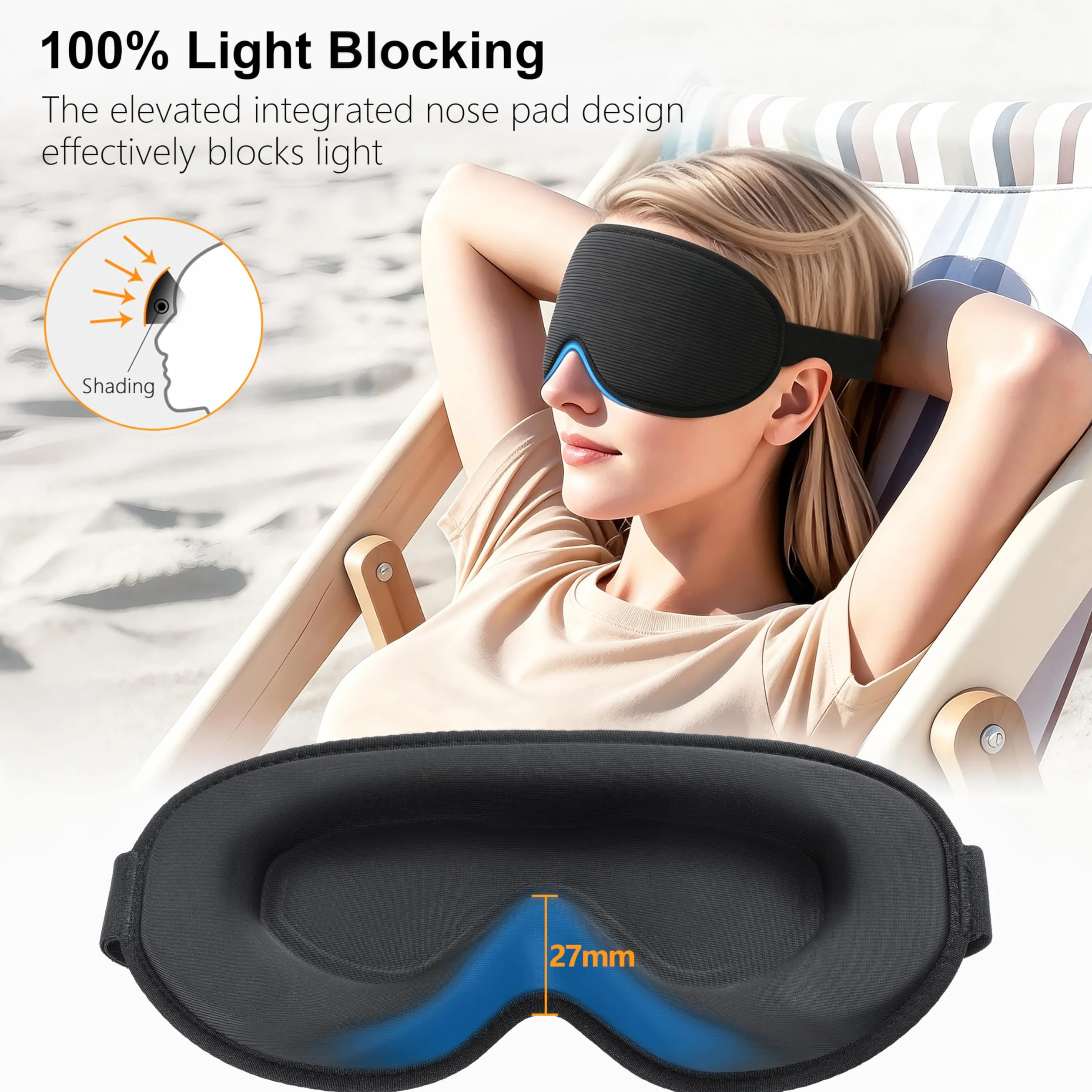 Gritin 3D Mascherina per Dormire Bloccare Luci, Maschera Occhi Zero Pressione, Morbida Traspirante per Sonno e Viaggio
