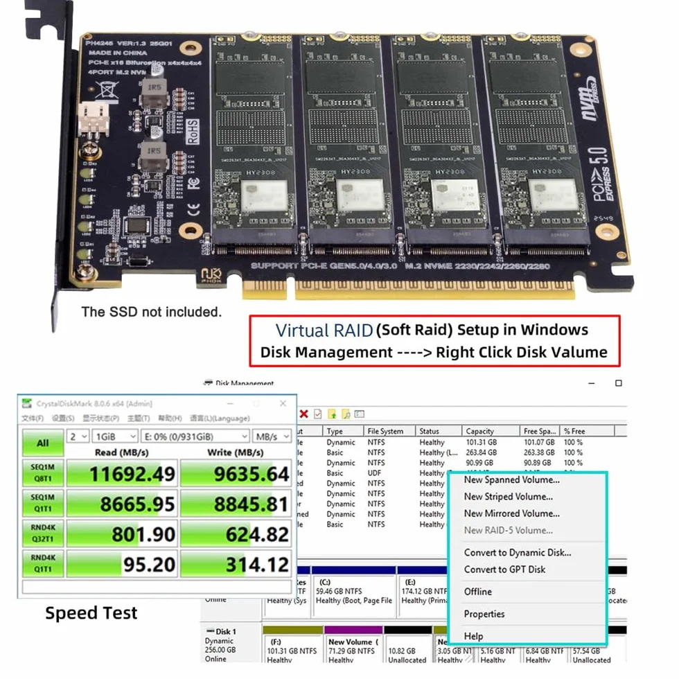 xiwai Adattatore SSD NGFF 4X NVME M-Key M.2 per scheda Raid PCIE Express 5.0 Gen5 Gen4 X16 con biforcazione staccabile VROC Raid0 Hyper