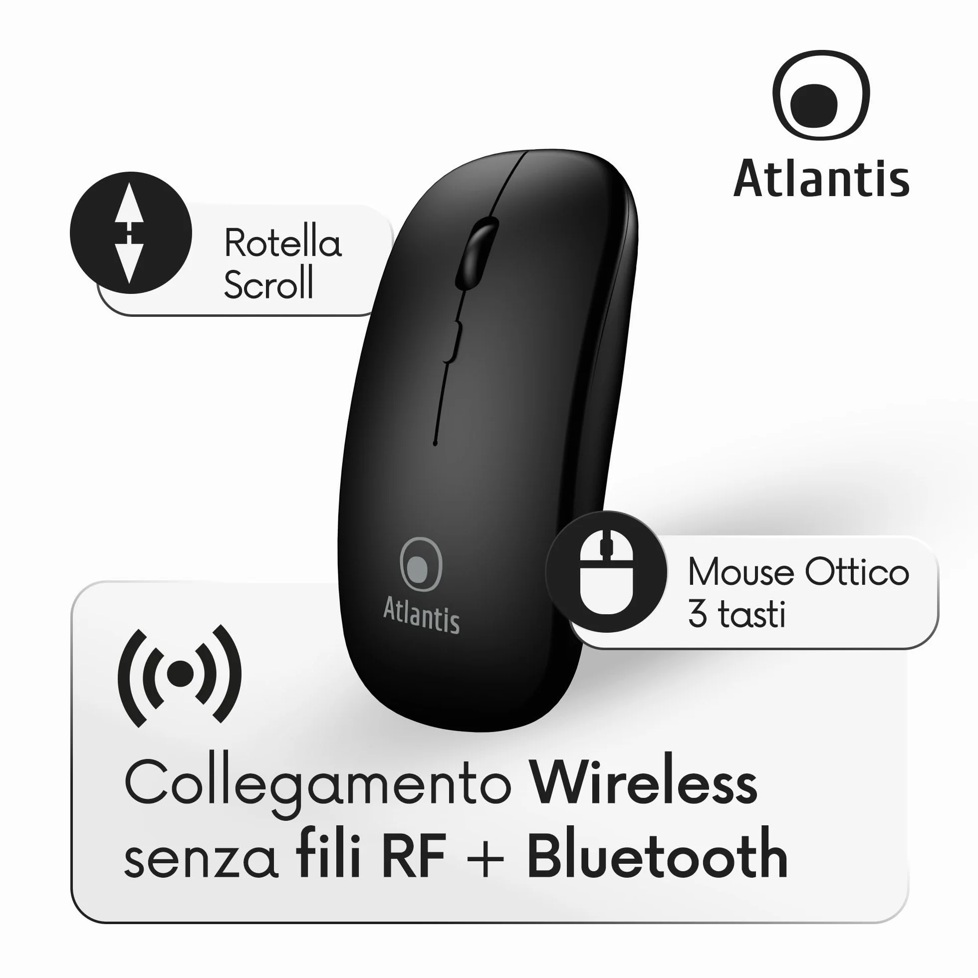 Atlantis ARGO 900Pro Combo KIT Mini Tastiera Ultraslim + Mouse - Wireless senza fili RF + Bluetooth, QWERTY 78 tasti “chocolate key”, per PC/Notebook/Smartphone/Tablet/iOS/Android, Nero